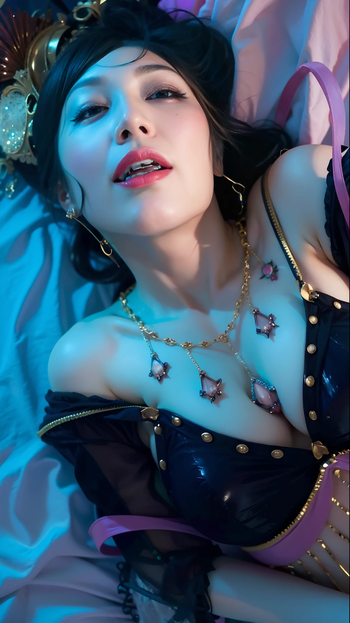 The charming witch succubus lies flat on the bed,The vampire witch is having sex,Seductive,She stuck out her tongue,Show fangs,in heat,heavy makeups,The eyes are hooked,Wearing a belly dancing bikini,Seduce men and eat them。