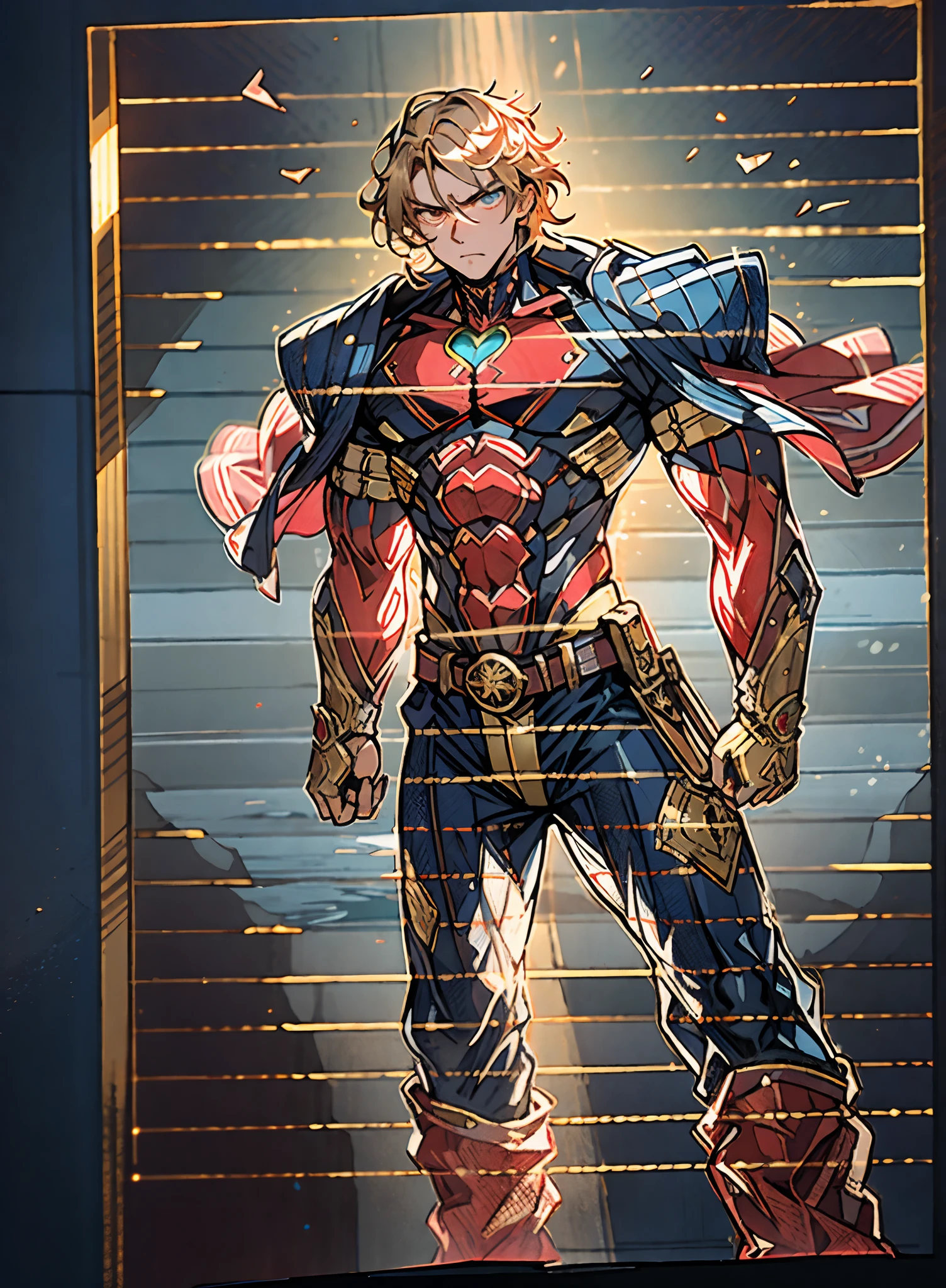 A middle-aged man with short golden hair, thick and tousled hair, a stern look, sharp eyes, well-defined facial features, a strong physique, he wears a short cape that flutters in the wind, a tight-fitting fantasy-style outfit, primarily in shades of blue-purple, accented by touches of orange-red and white, a gold belt with red jewels, matching trousers, the backdrop of a raging sea battle scene, a scene of intense naval warfare unfolds, this character embodies a finely crafted fantasy-style formidable maritime overlord in anime style, characterized by an exquisite and mature manga illustration art style, high definition, best quality, highres, ultra-detailed, ultra-fine painting, extremely delicate, professional, anatomically correct, symmetrical face, extremely detailed eyes and face, high quality eyes, creativity, RAW photo, UHD, 8k, Natural light, cinematic lighting, masterpiece:1.5