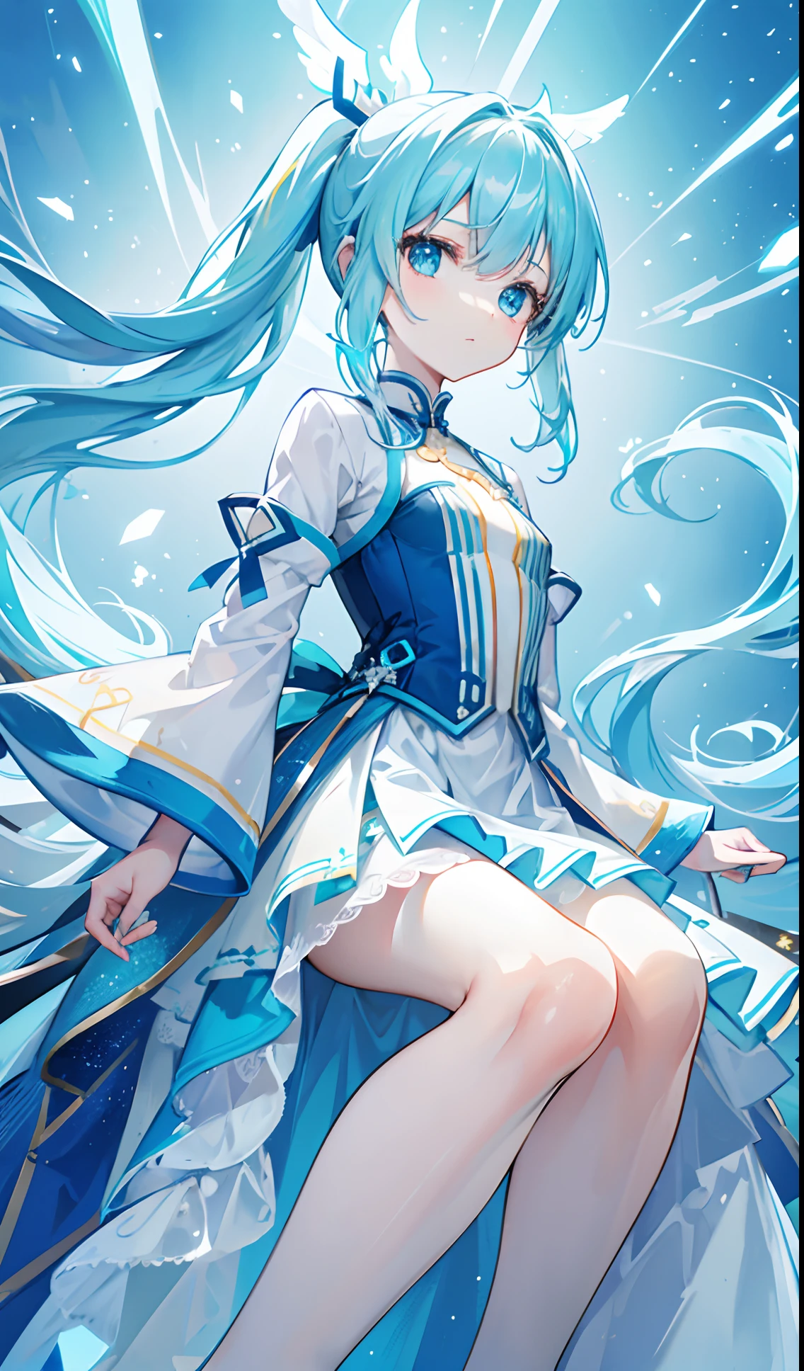 Glowing blue butterfly,Blue sexy cheongsam,1girll,blue color eyes,Seductive pose with long white hair, Blush, Smile, cheerfulness, Masterpiece, Best quality,A high resolution,Detail enhancement,best qualtiy,Perfect image quality