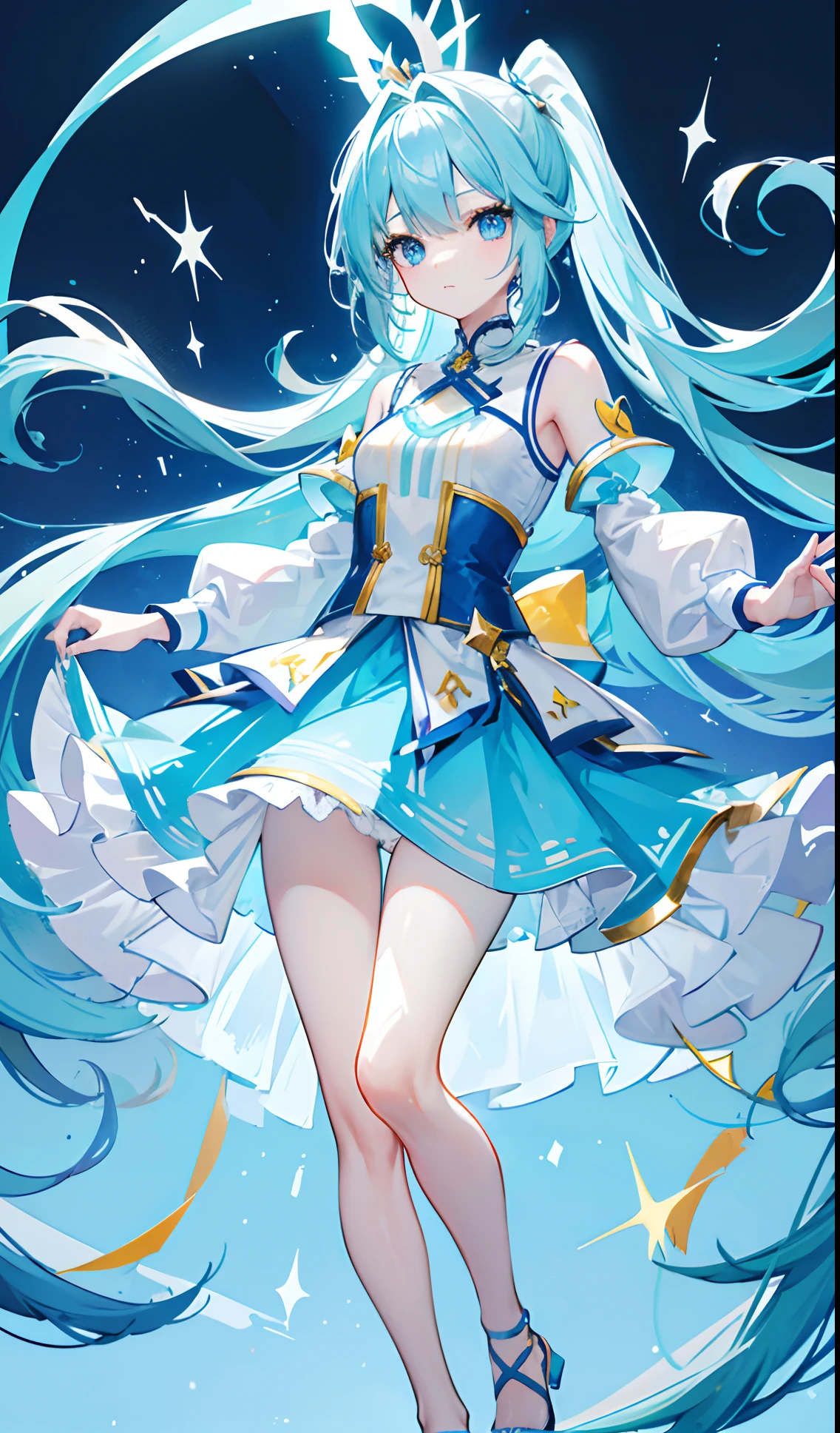 Long double ponytail in aqua blue,The blue and white clothes have some yellow on top,Clothes are a looming transparent texture,There are small skirts,Glowing with beautiful glow,Cute blue eyes,There are yellow ornaments to match,It looks petite and slender,It's a cute sweet girl