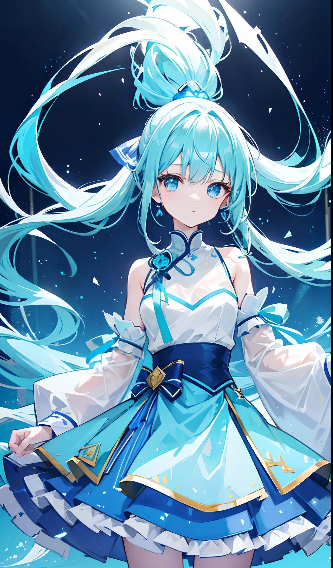 Long double ponytail in aqua blue,The blue and white clothes have some yellow on top,Clothes are a looming transparent texture,There are small skirts,Glowing with beautiful glow,Cute blue eyes,There are yellow ornaments to match,It looks petite and slender,It's a cute sweet girl