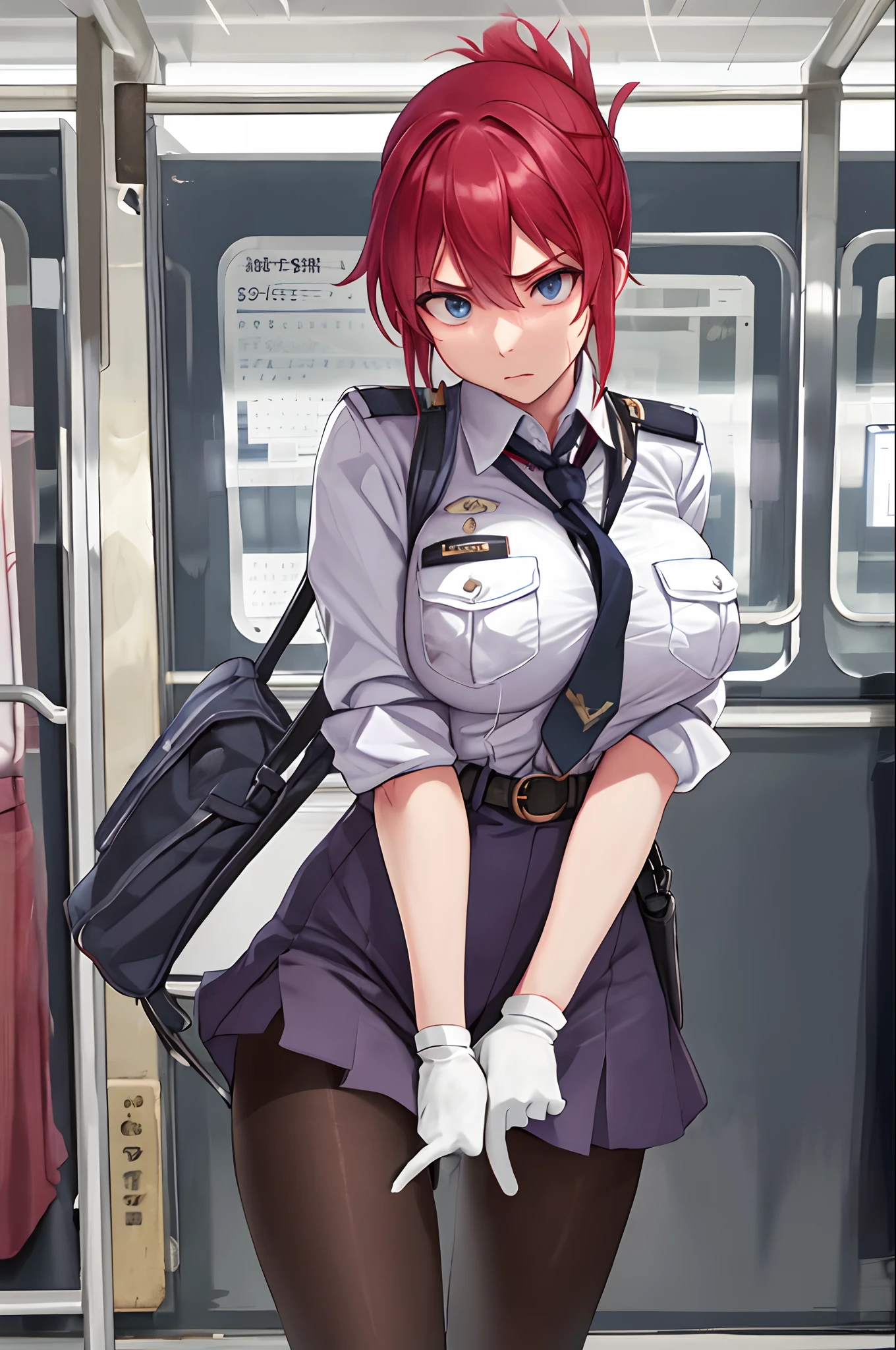 Best Quality, hight resolution, AOI1, 1girl in, Solo, Red hair, folded ponytail, Blue eyes, Skirt, neck tie, White Gloves, Police Uniform, Belt bag, Black pantyhose, Jacket, arm band, Large breasts, Cowboy Shot, Standing, Frustrated expression, Rape with seeds, Outdoors,be molested(Forced motherization rape by a rapist on the train and becomes pregnant）Anatomically contradictory inner human body depiction