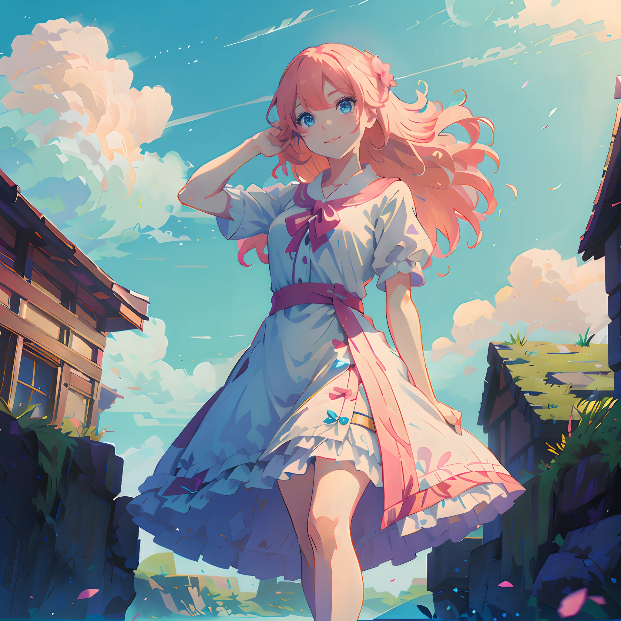 A young girl with long orange-pink hair and blue eyes, takes a selfie to post as her instagram profile picture. She is smiling at the camera, with her hair blowing in the wind. She is wearing a white dress, which she bought specifically for the occasion, and she looks stunning in it. She positions her hand next to her face in a peace sign. The blue sky reflects her eyes.