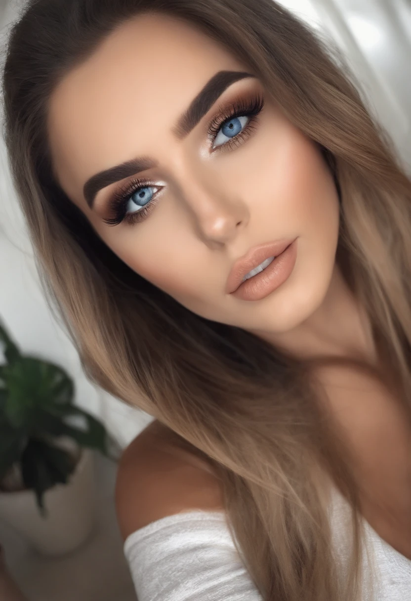 Arafed Mujer totalmente , Chica sexy con ojos azules, ultra realista, meticulosamente detallado, Retrato Sophie Mudd, cabello rubio y ojos grandes, selfie de una mujer joven, Ojos del dormitorio, Mandy Muse , sin maquillaje, Maquillaje natural, staring directly into camera, cara con artgram, maquillaje sutil, Impresionante foto de cuerpo completo arrodillado en la cama, En el dormitorio, Medium to small size bust hot