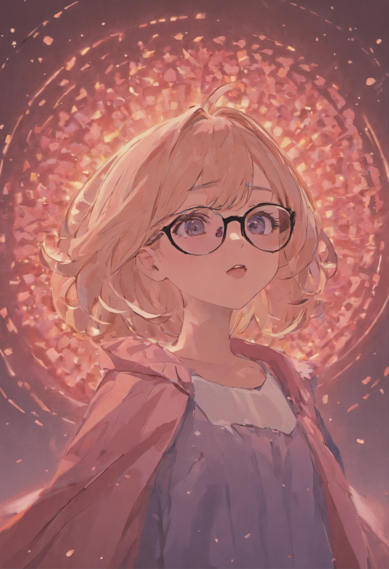 There is a woman with glasses and a necklace with a heart, inspirado por Ion Andreescu, inspirado em Elsa Bleda, No Estillo Petra Collins, Simsbo, wear prescription glasses, thick glasses, cabelos longos e molhados pingando, with square glasses, thick, red lips, solo portrait 🎨🖌️,Vento do porto