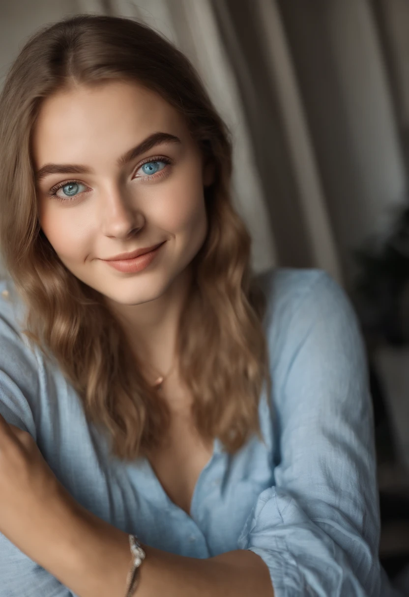 A young woman from Northern Europe, 18 years old, light blue eyes, happy, cute face, white skin, blomde hair, eyeliner, thin nose, wearing summer clothes, room in the background, amateur selfie, amateur selfie quality