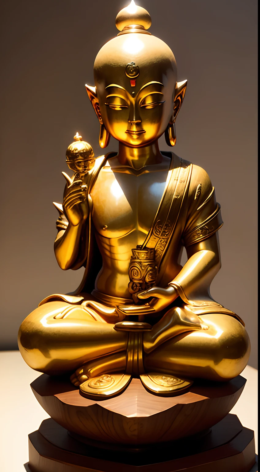 masutepiece, Best Quality, hight resolution,Fantastic,Upper body,1 old god men,Seven lucky gods,benzaiten,daikokuten,Buddhist statue sculpture, Bald, shining background,Halo,golden colors,sacredness