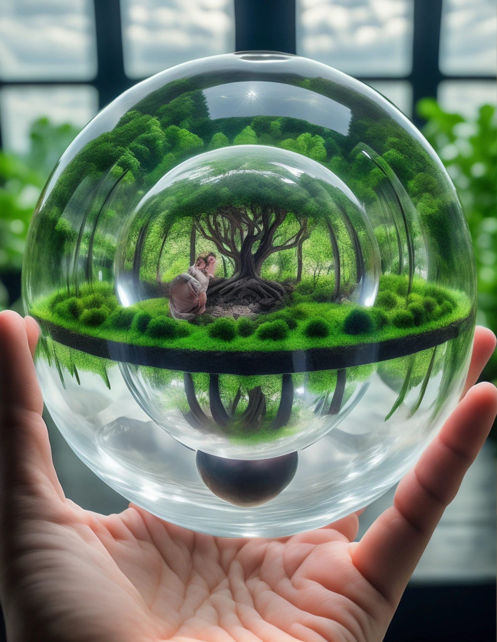 someone holding a transparent glass ball with a tree inside it, tree of life inside the ball, is holding a tiny planet earth, dentro da esfera de vidro, dentro de um globo, segurando uma bola de cristal, esfera de vidro, bola de vidro, bola de cristal, foto hiper-realista, reflexos de vidro no topo, Levitated agricultural sphere, em um mini mundo, foto hyperealistic, esferas de vidro