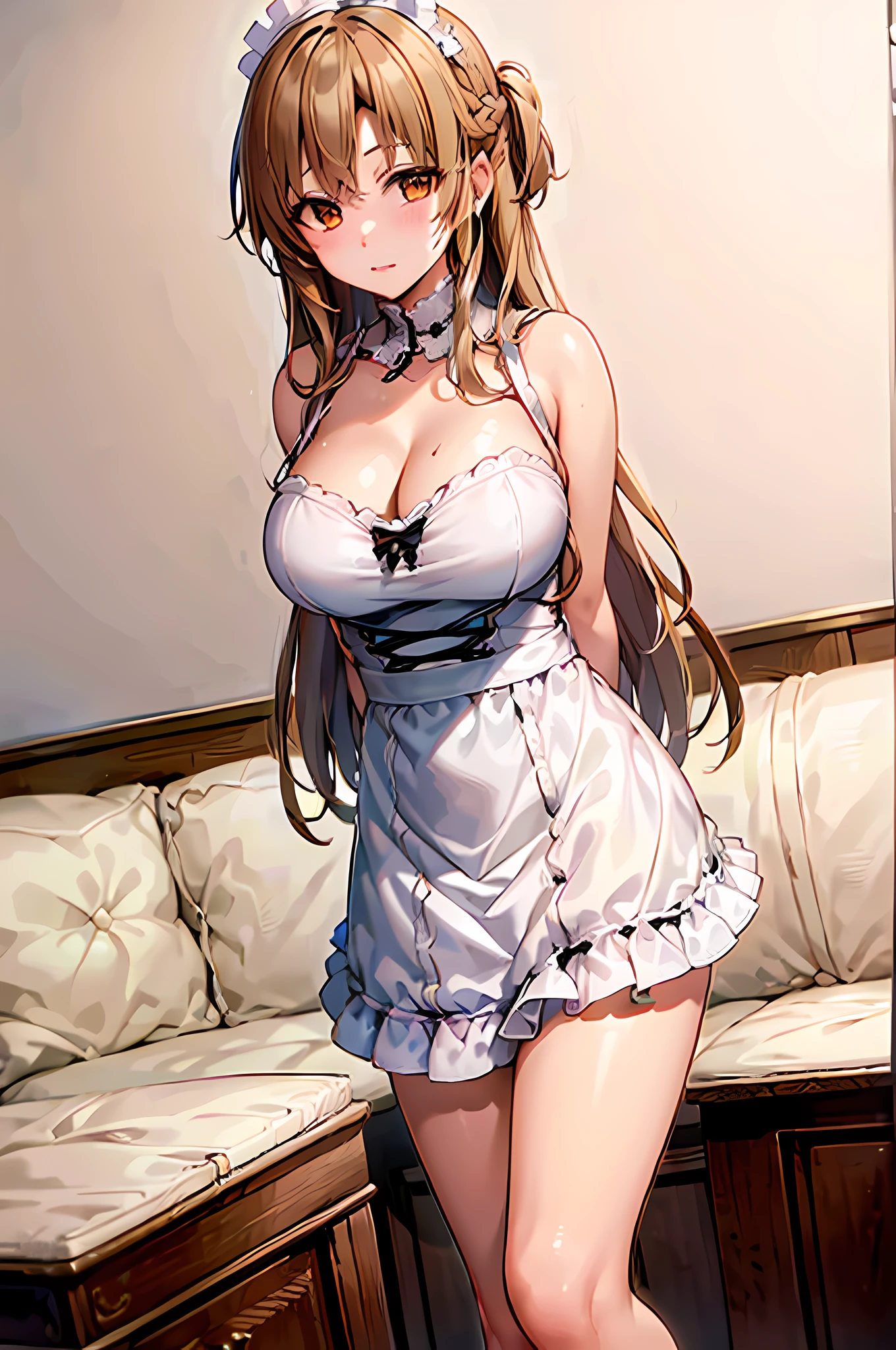 (Best quality, 8k, ultra high res, absurdes:1.2), ( 1girl, beautiful face, beautiful body, aaasuna, long hair, brown hair, braid, brown eyes, Adult, mature, shy, blush), (wearing sexy maid dress),(living room, modern furniture, standing, arms behind back), (morning, warm lights, looking at viewer)