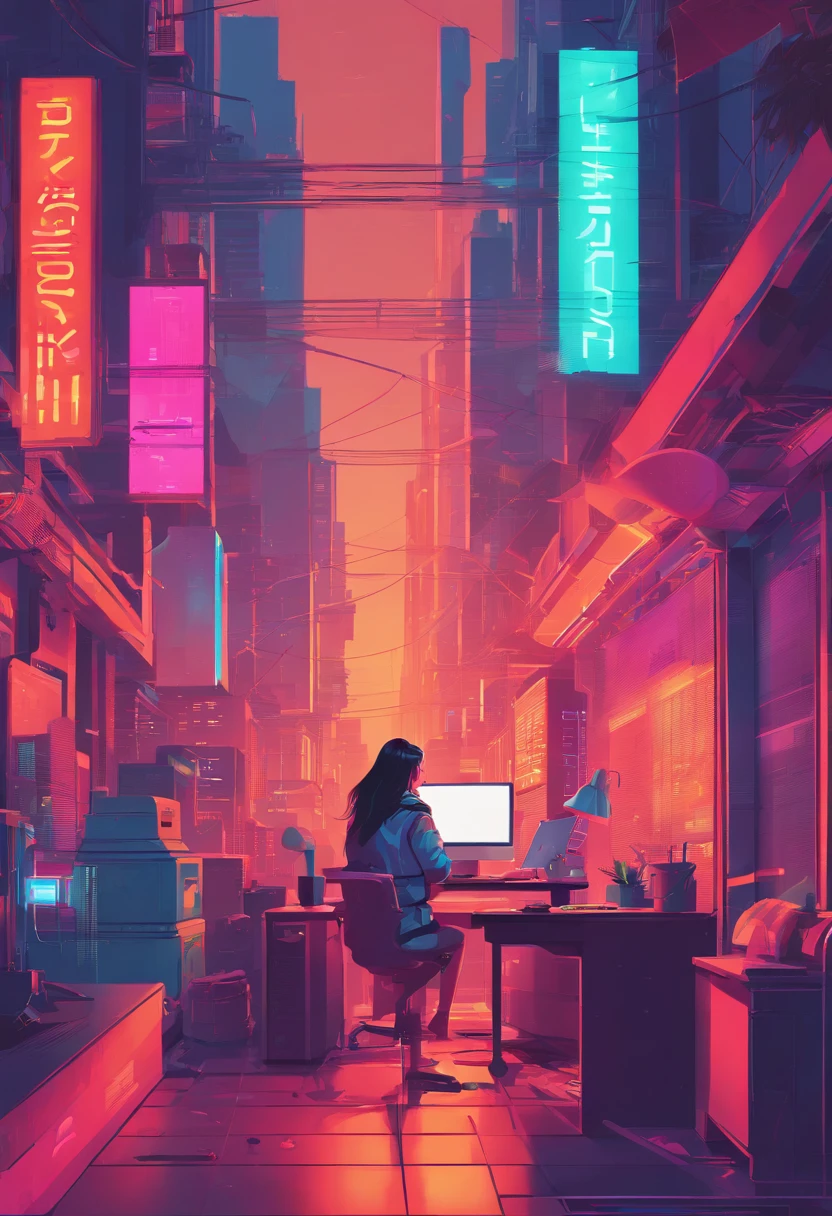 Illustration of a woman working on a computer through a room with various objects, Pastelcolor editorial illustration, No estilo de James Gilleard, illustration style, arte de james gilleard, flat illustration, in illustration style digital, magazine illustrations, editorial illustration, digital illustration -, #illustration, magazine illustration, inspirado em James Gilleard, modern illustration, illustration | Rutkowski, stylized digital illustration