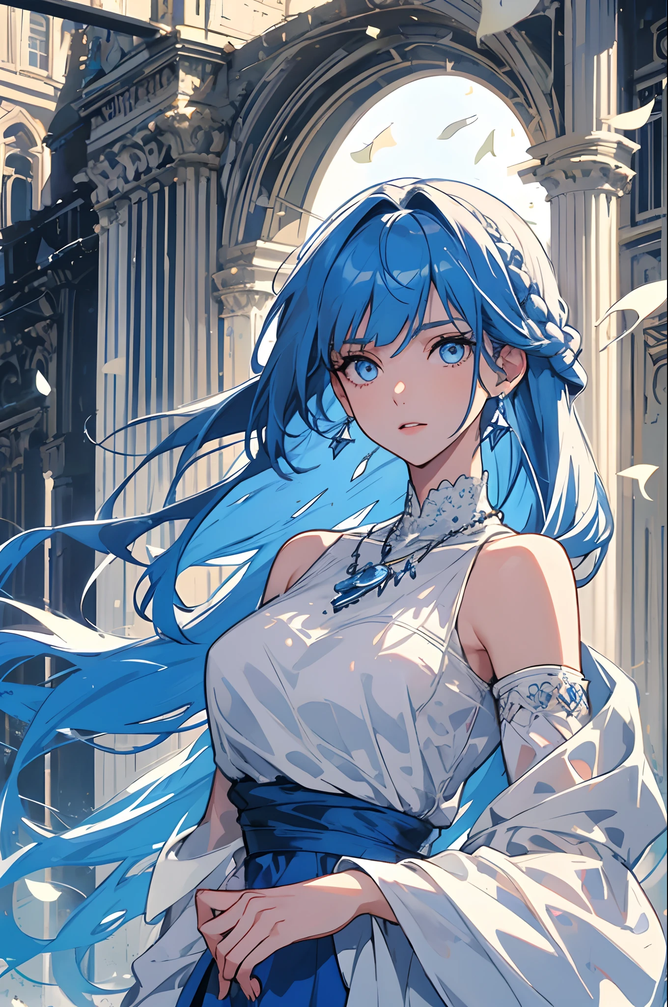 Mature girl, blue eyes, blue streaked white hair, french braids, delicate and flexible eyes, knightly attire, wearing necklace, wearing earrings, FOV, f/1.8, masterpiece, ancient civilization's ruins, blue sky, falling leaves, front portrait shot, face focus, 8K, bare shoulders, front bangs, asymmetrical hair, knight lady, female knight blue dress, looking at viewers, big breasts, untied hair