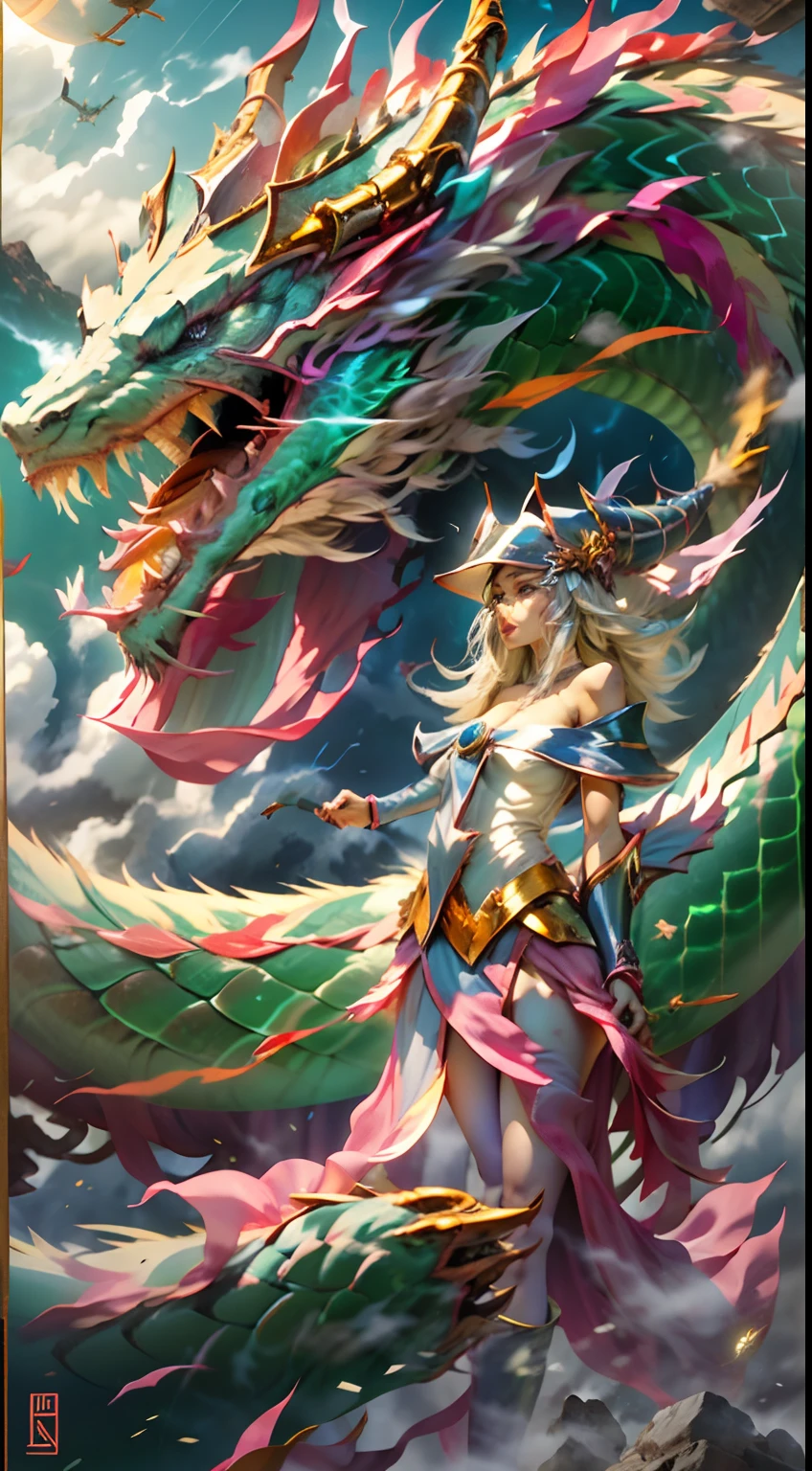 The Chinese White Divine Dragon rose into the air,(Dark magician girl manipulates the dragon:1.3),(The dark magician girl has her back to the camera:1.3),Las nubes del cielo rodean los alrededores,magia de luz,fantastic background,Significado de fondo,Ridiculous background,There are artistic overlays,cabello rubio, surrealismo, cinematic lighting, Trazado de rayos, Luz de Dios, Speed Line, view angle, hiper HD, Obra maestra, La mejor calidad, Super detail, A high resolution, alta calidad,(Vista lejana:1.3)