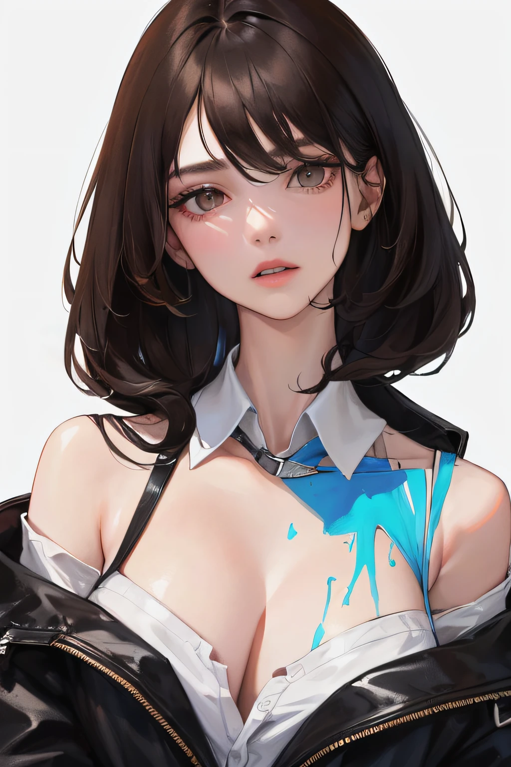 (Top resolution, Distinct_image) Best Quality, Women's masterpieces, Highly detailed, Half realistic,(large part of the body),Short black hair,18-year-old young woman, Casual wear,Black Accessories,Blue flight suit,stand-up collar shirt,Sharp face,(Brown eyes, hair between eye), Fluorescent long coating (Broken glass),(Plain white background),Cold, Serious,authoritative,Powerful,(standing painting),(Exquisite facial features, Exquisite facial features)