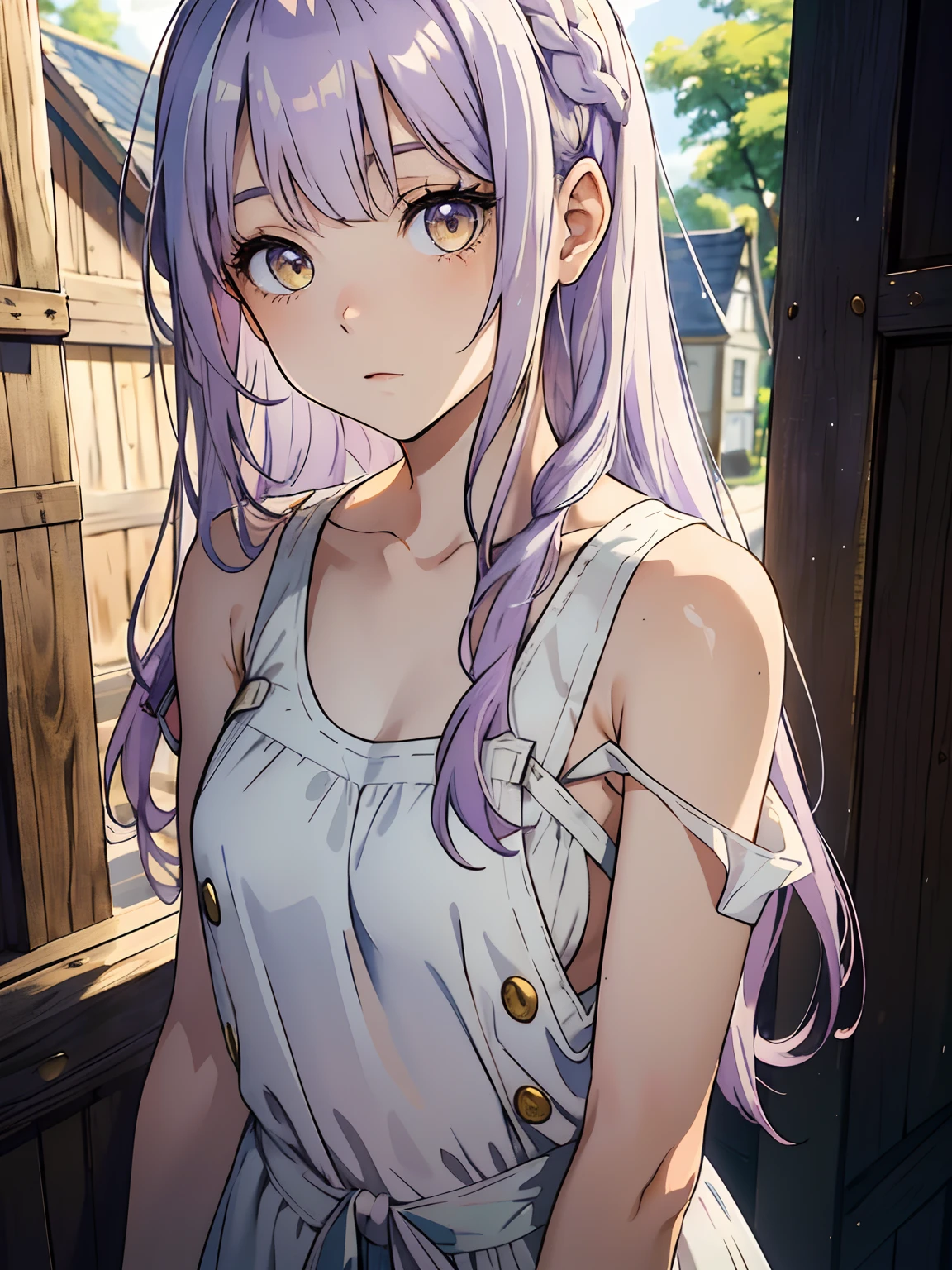 ((masterpiece, best quality)), (1girl, anime girl in medieval style),(loli, little girl,), (solo), (female focus), (light pale purple hair, straight hair, long hair),yellow eyes, ((exposed shoulder, tank top)) , shy, portraits, close up, upper body, vibrant colors, soft lighting, looking straight forward