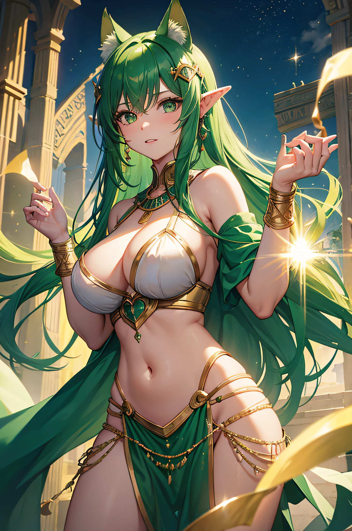 4K.hight resolution,One Woman,bright green hair,cat ear,elvish,Slightly bigger breasts,Egyptian princess,Golden decorated costume,jeweled costume,The background is all white