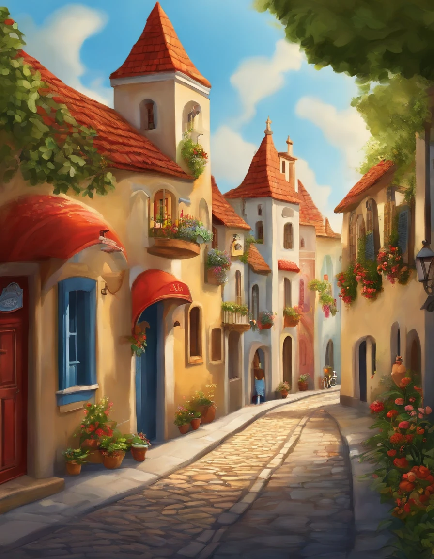 A sunny illustration of a current street from children's movie, com uma menina, morena de cabelos ondulados, branca de neve, vindo da escola, com uniforme escolar e mochila. e no meio da rua uma placa com nome Maria.