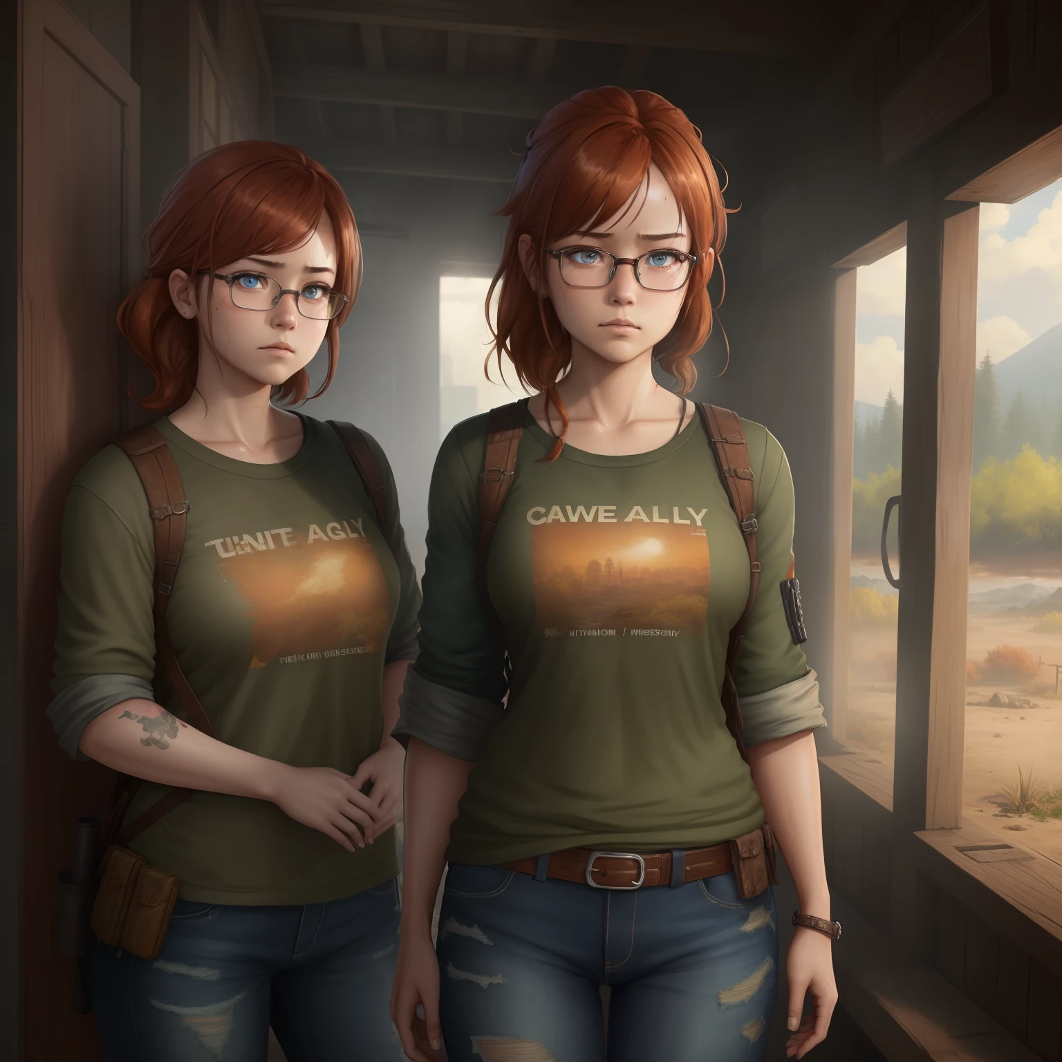 8k, masterpiece, best quality, realistic, higly detailed, cowboy shot, 1girl, solo, itsuki, serious looking girl, medium-length hair, expressive ahoge, reddish-orange hair, a pair of star-shaped hairpins near both of her eyes, dark blue eyes, average height, well-endowed figure, glasses, cute, the last of us