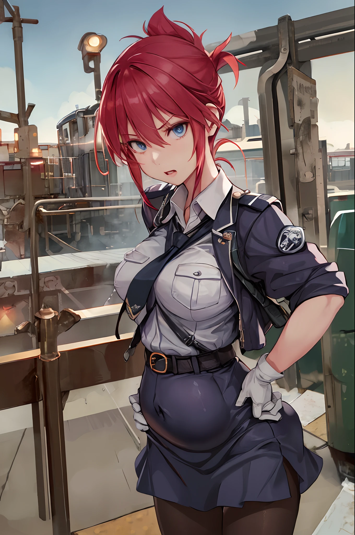 Best Quality, hight resolution, AOI1, 1girl in, Solo, Red hair, folded ponytail, Blue eyes, Skirt, neck tie, White Gloves, Police Uniform, Belt bag, Black pantyhose, Jacket, arm band, Large breasts, Cowboy Shot, Standing, Frustrated expression, Rape with seeds, Outdoors,be molested(Raped by a rapist on a train and pregnant)Anatomically consistent internal depiction of the human body)