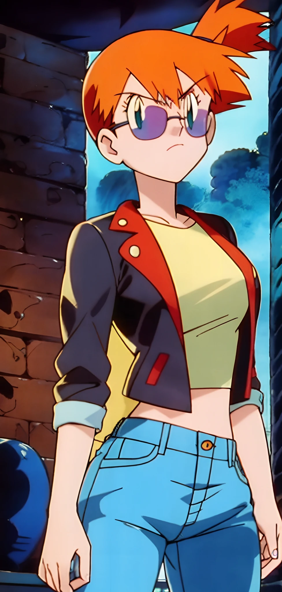 Misty from Pokemon, wearing a black leather jacket over a dark grey shirt, black jeans, sunglasses, angry, standing outside, dark night