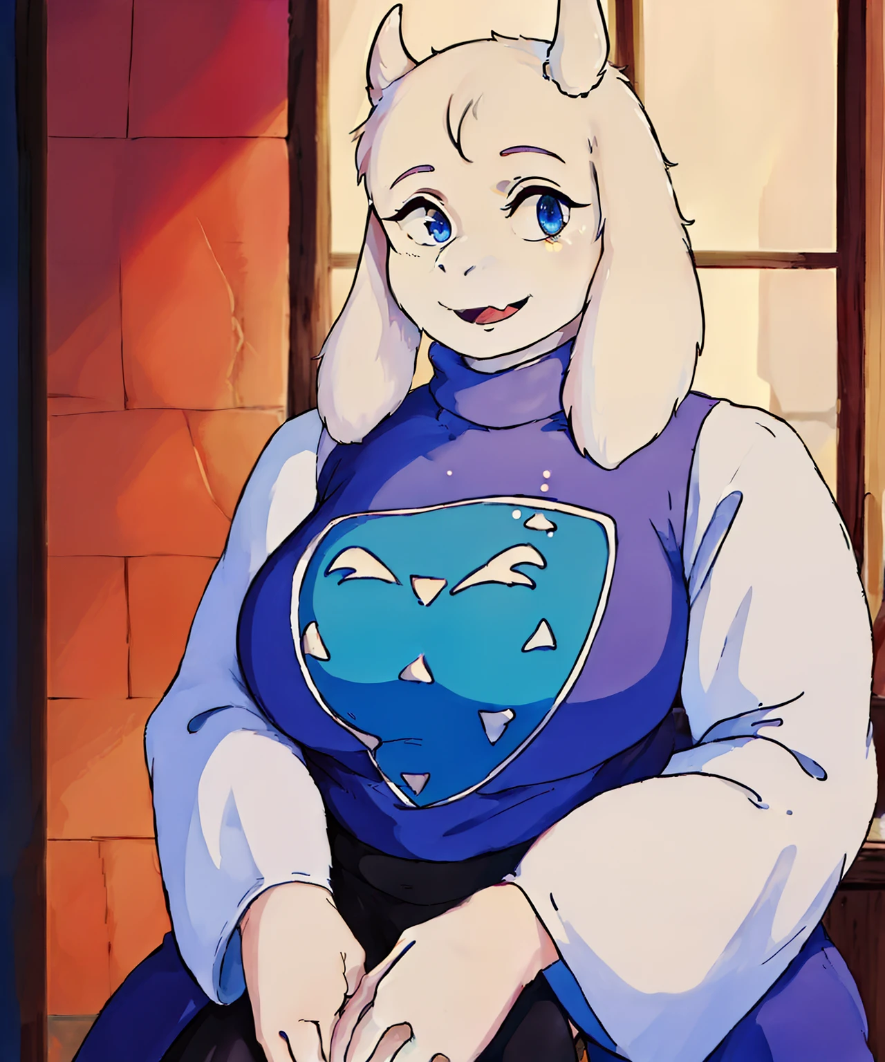 toriel, 1girl, furry, furry_female, goat_ears, goat_girl, indoors, smile, solofurry, furry_female, goat_ears, goat_girl, , indoors, open_mouth, smile, solo, medium breasts, ((masterpiece, best quality)), ((ghibli style 1.2)), (((mature female 1.7))), (((highly detailed eyes 1.3)))