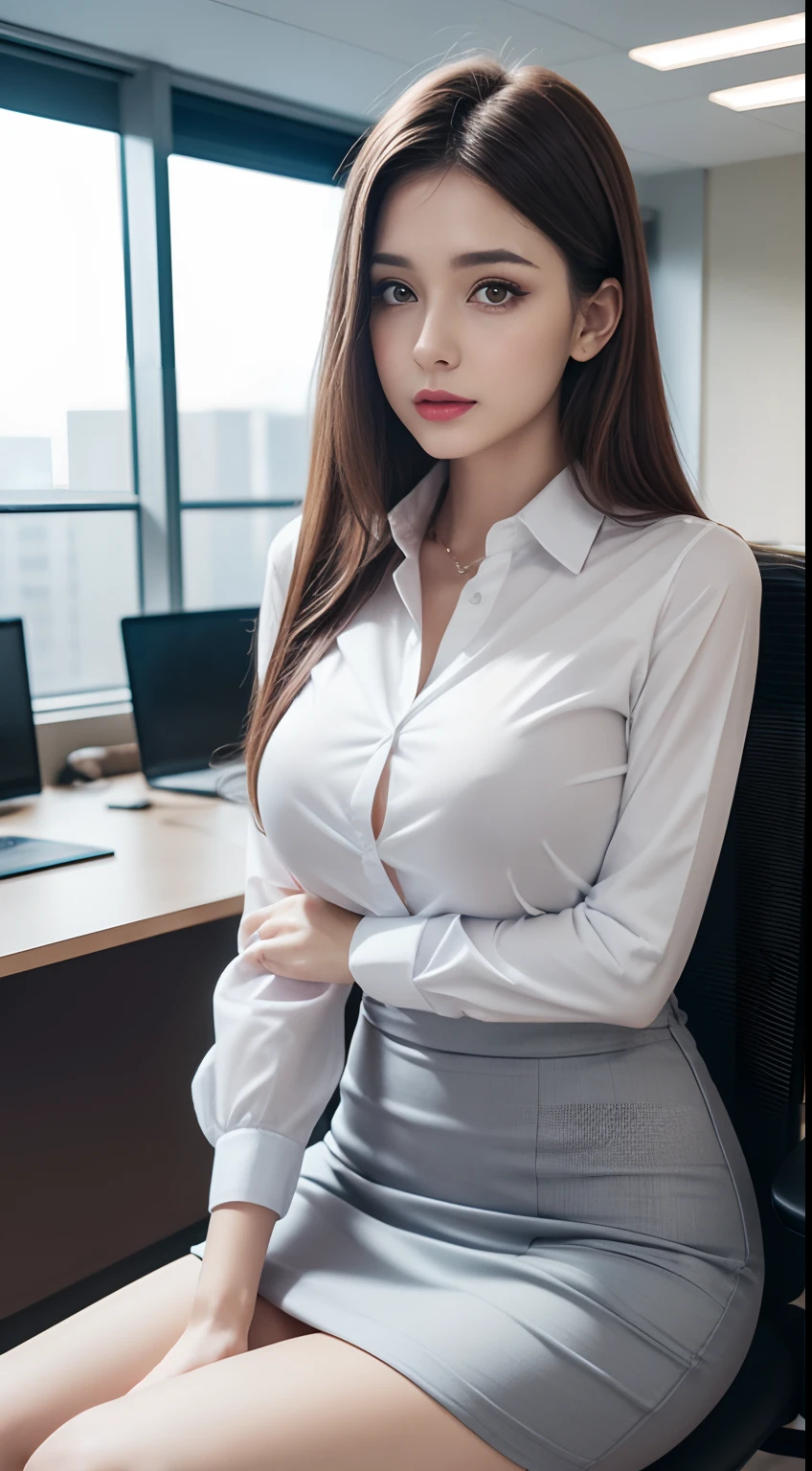 (1girl in), Beautiful, Amazing face and eyes, makeup, (extremely detailed beautiful face), (The crotch is visible), (large boob), (Best Quality:1.4), (Ultra-detailed), (extremely detailed CG unified 8k wallpaper), Highly detailed, RAW Photos, Professional Photography, ((Business Suit)), (Tight skirt), (Shirts with open chest visible), sitting in the chair, (Open your legs while bending your knees), (in a office), depth of fields,