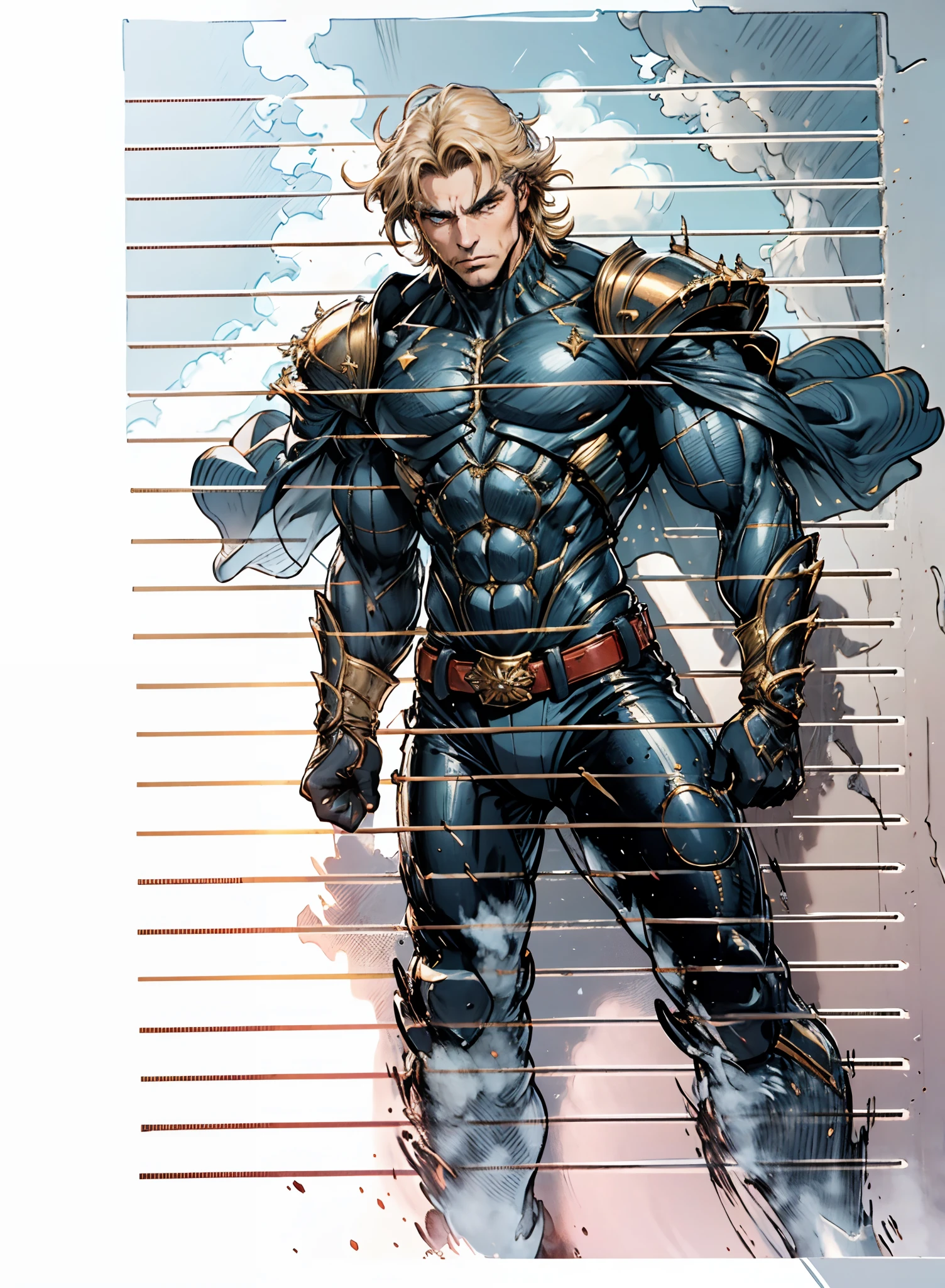 A middle-aged man with short golden hair, thick and tousled hair, a stern look, sharp eyes, well-defined facial features, a strong physique, he wears a short cape that flutters in the wind, a tight-fitting fantasy-style outfit, primarily in shades of blue-purple, accented by touches of orange-red and white, a gold belt with red jewels, matching trousers, the backdrop of a raging sea battle scene, a scene of intense naval warfare unfolds, this character embodies a finely crafted fantasy-style formidable maritime overlord in anime style, characterized by an exquisite and mature manga illustration art style, high definition, best quality, highres, ultra-detailed, ultra-fine painting, extremely delicate, professional, anatomically correct, symmetrical face, extremely detailed eyes and face, high quality eyes, creativity, RAW photo, UHD, 8k, Natural light, cinematic lighting, masterpiece:1.5