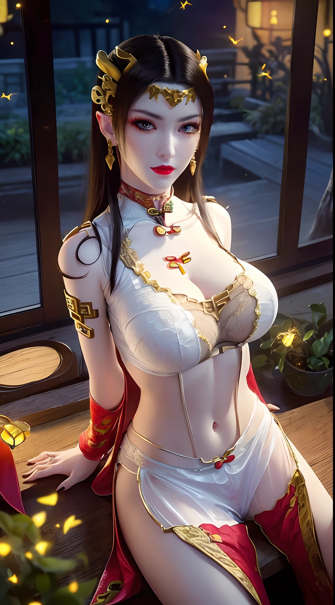 1 beautiful and sexy 20 year old girl, ((wearing a super sexy white short cheongsam that transparent her underwear:2)), Super thin cheongsam, see-through body, ((nude:2)), ((very beautiful nipples and areola:1.6)),((long black hair:1.6)), jewelry elaborately made from precious stones and beautiful hair, ((wearing a 24k gold lace necklace:1.4)), the noble, noble style of an extremely beautiful girl, her small face is super cute, her face is very pretty, thin eyebrows, flawless beautiful face, ((black eye pupils: 0.8)), very beautiful eyes, ((platinum white eyes: 1.6)), (((big round eyes:1.6))), nice makeup and hair detailed eyelashes, steamy eye makeup, high nose, earrings, red lips, ((closed mouth: 1.5)) beautiful lips, slim hands, most beautiful thighs, ((arms spread out to the sides: 1.5)), rosy face, clean face, flawless beautiful face, smooth white skin, (big breasts: 1.5)), ((high breasts: 1.6)), tight breasts, beautiful cleavage, (((big breasts and super round: 1.8))), ((super tight breasts: 1.7)) , beautiful breasts, perfect body, back arms, chest out, sitting position, leaning back, arms behind and chest out: 1.8)), ((not ashamed: 1.5)), 8k photo, super high quality, super realistic, super 10x pixels, optical, bright studio, bright edges, dual-tone lighting, (high-detail skin:1.2), super 8k, soft lighting, high quality, volumetric lighting, photorealistic, photorealistic high resolution, lighting, best photo, 4k, 8k quality, blur effect, smooth sharp, 10 x pixel, ((the night and fireflies background:1.5)), aurora, lightning, super graphics realistic, most realistic graphics, 1 girl, alone, solo, Extremely sharp image, surreal, (((frontal portrait: 1.5)))."