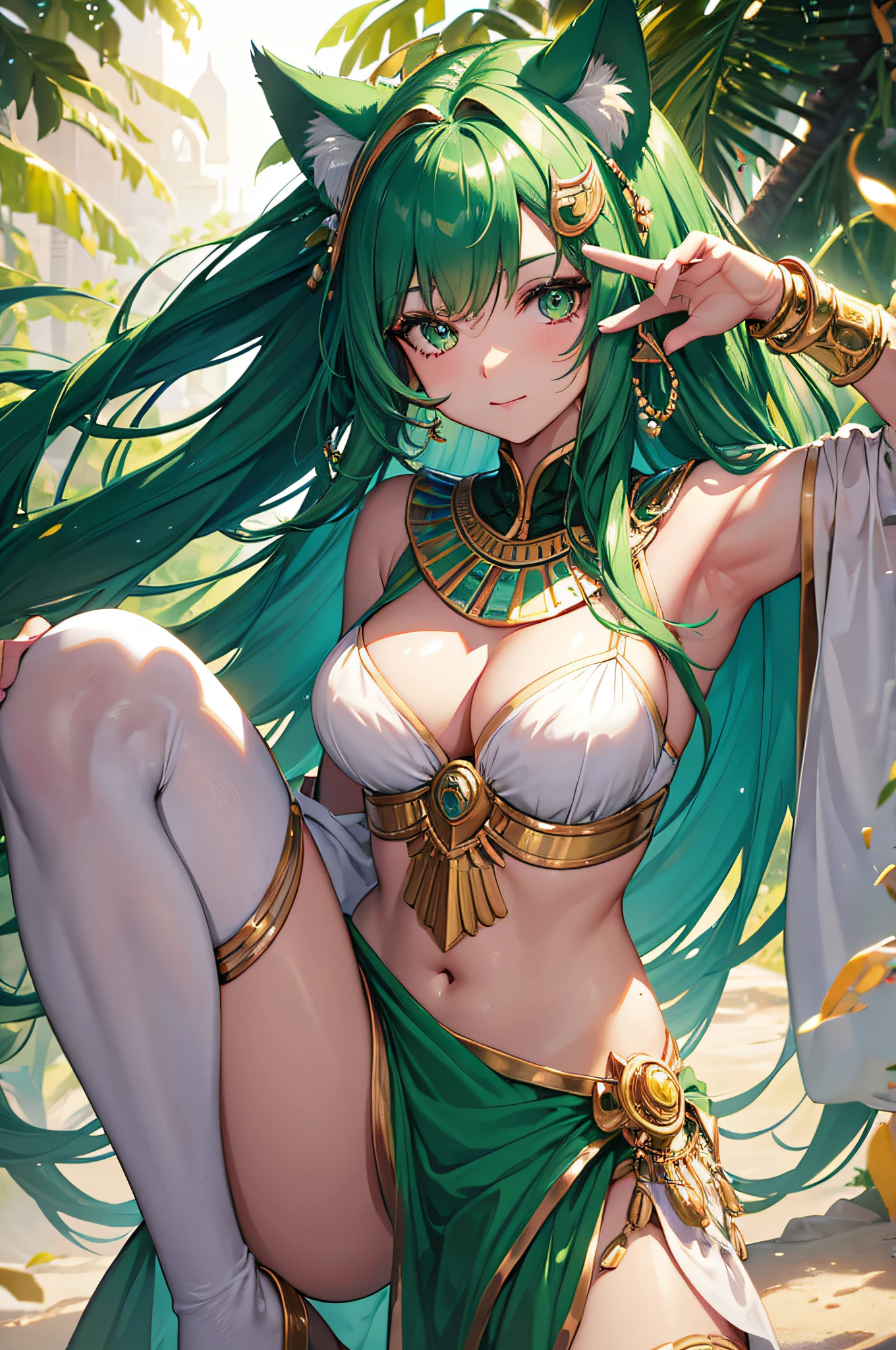 4K.hight resolution,One Woman,bright green hair,cat ear,elvish,Egyptian princess,Golden decorated costume,jeweled costume,The background is all white