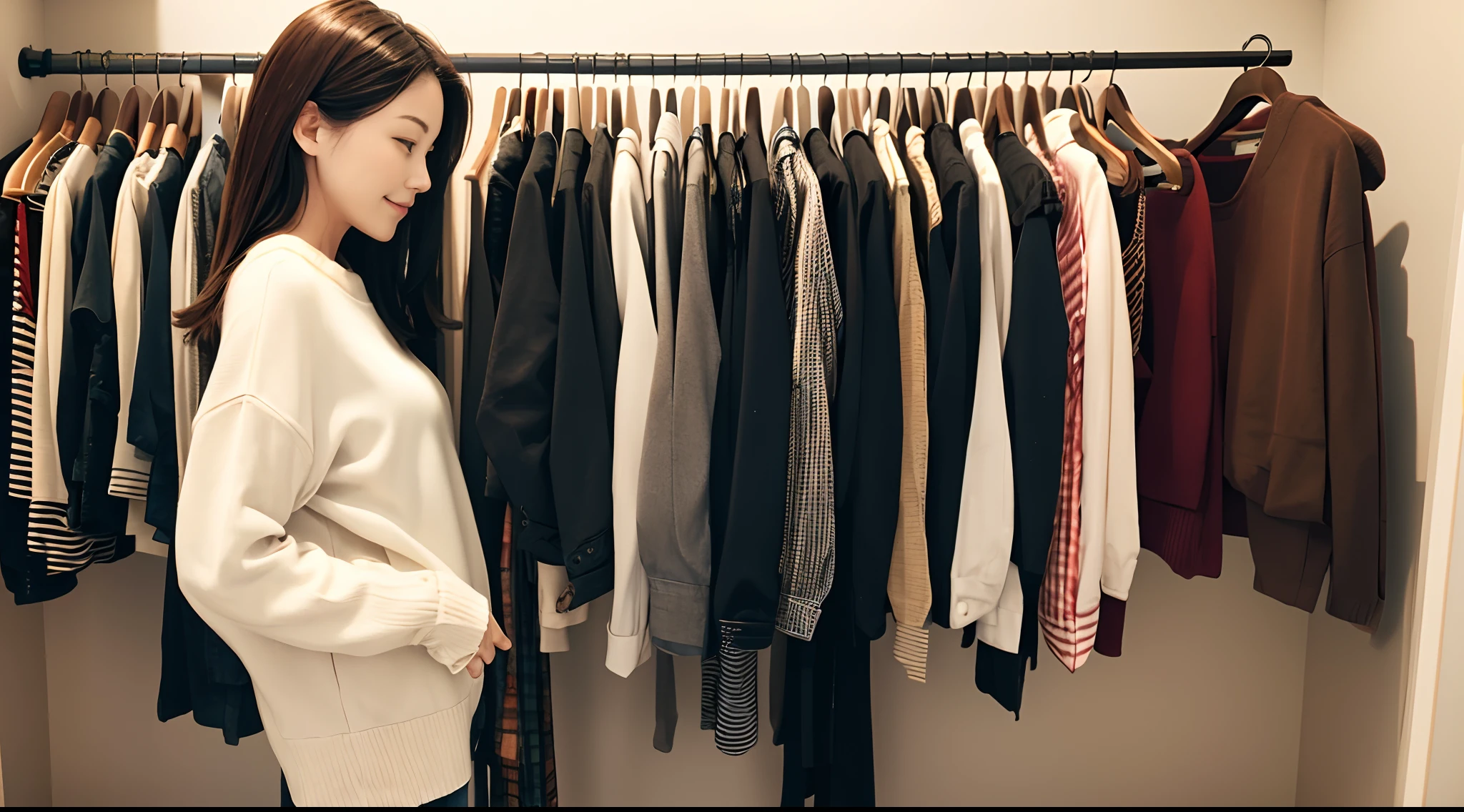 1 woman, in closet, organize from summer clothes to autumn clothes