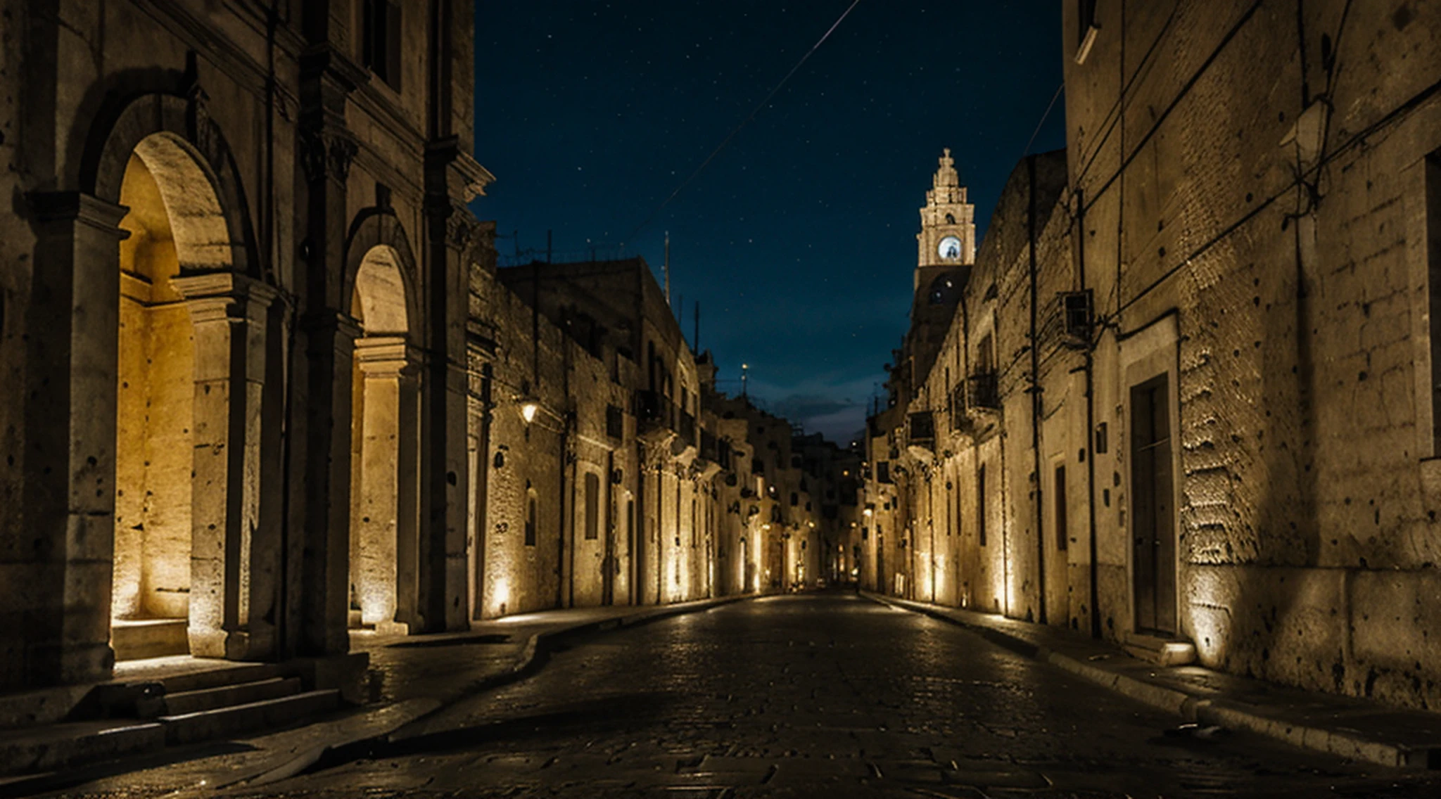 Catedral de Matera, street lighting twilight particle lights at night, Detalhes altos, Efeito Tyndall