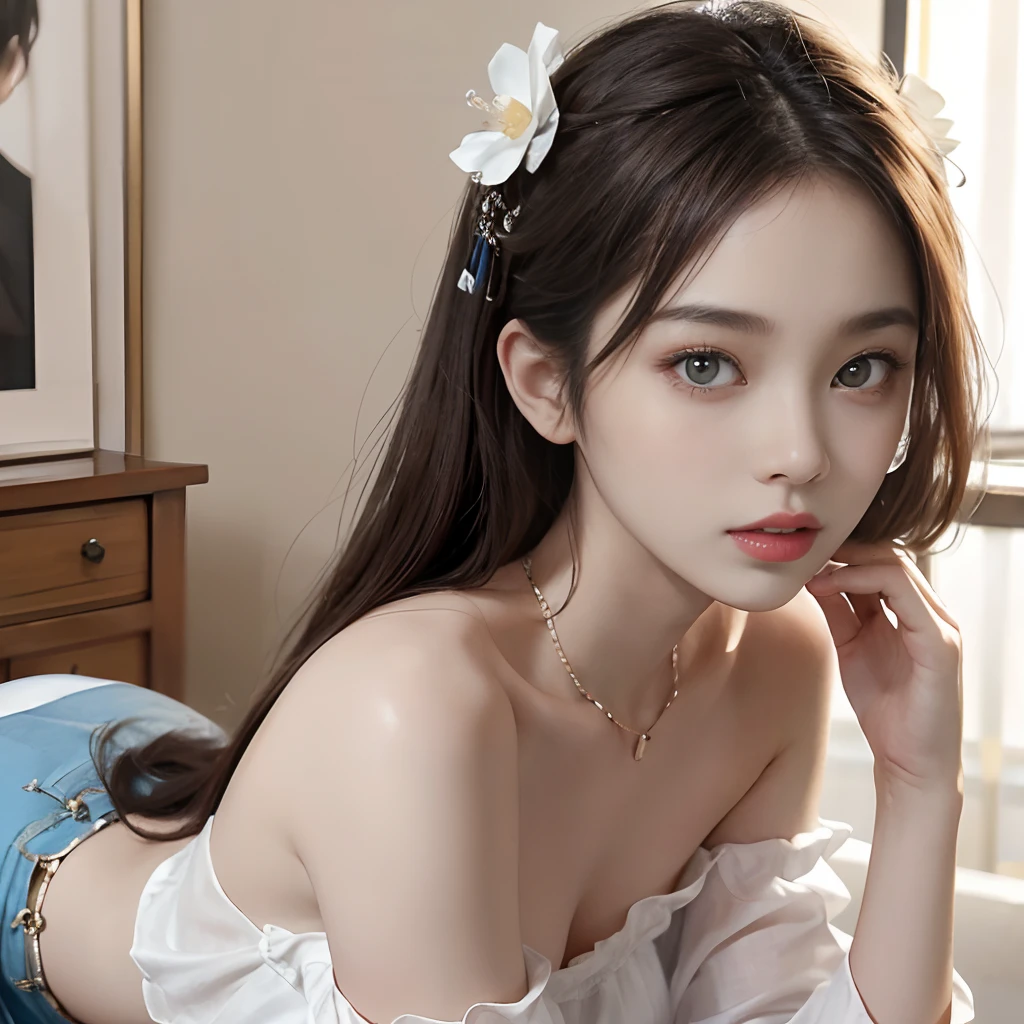 NSFW,4K,((Highest quality)),((masterpiece)),BREAK,((one girl)),(detailed),(in Bedroom),((One girl)),((perfect anatomy)),nsfw,((nude)),(naked),((19 years old)),((flat chest:1.4)),(stare at viewer with stern eyes:1.5),((delicate face and eyes)),((one girl)),(bitting own lip:1.1),(angry:0.9),nose blush,(shamefull:1.2),(Waterfall braid hair),(beautiful hair),surprised, ((beautiful realistic face)),((skinny:1.3)),(delicate face and eyes),Beautiful Korean Women, Beautiful young Korean woman, Young and adorable Korean face, Gorgeous Young Korean Woman, Korean Girls, Girl cute beautiful face, Portraits of Korean female idols, Young and pretty Asian face, Cute natural anime face,Asian pretty face,((finely detailed face)),(Big eyes:1.2),((glistening eyes)),((glistening eyes )),((large eyes)),(( pretty eyes)),((intricate choker necklace)),(detailed),(Perfect Face),(Lanky:1.2),((One girl)), ((clear eyes)),((show nipples)),((beautiful skin)),don't wear anything ,(upper body),(Equal left and right eyes), (nsfw:1.5),(show nipples),(don't wear anything),(nipples facing upwards), correct arm,((silk Gown)),((frilled panties))