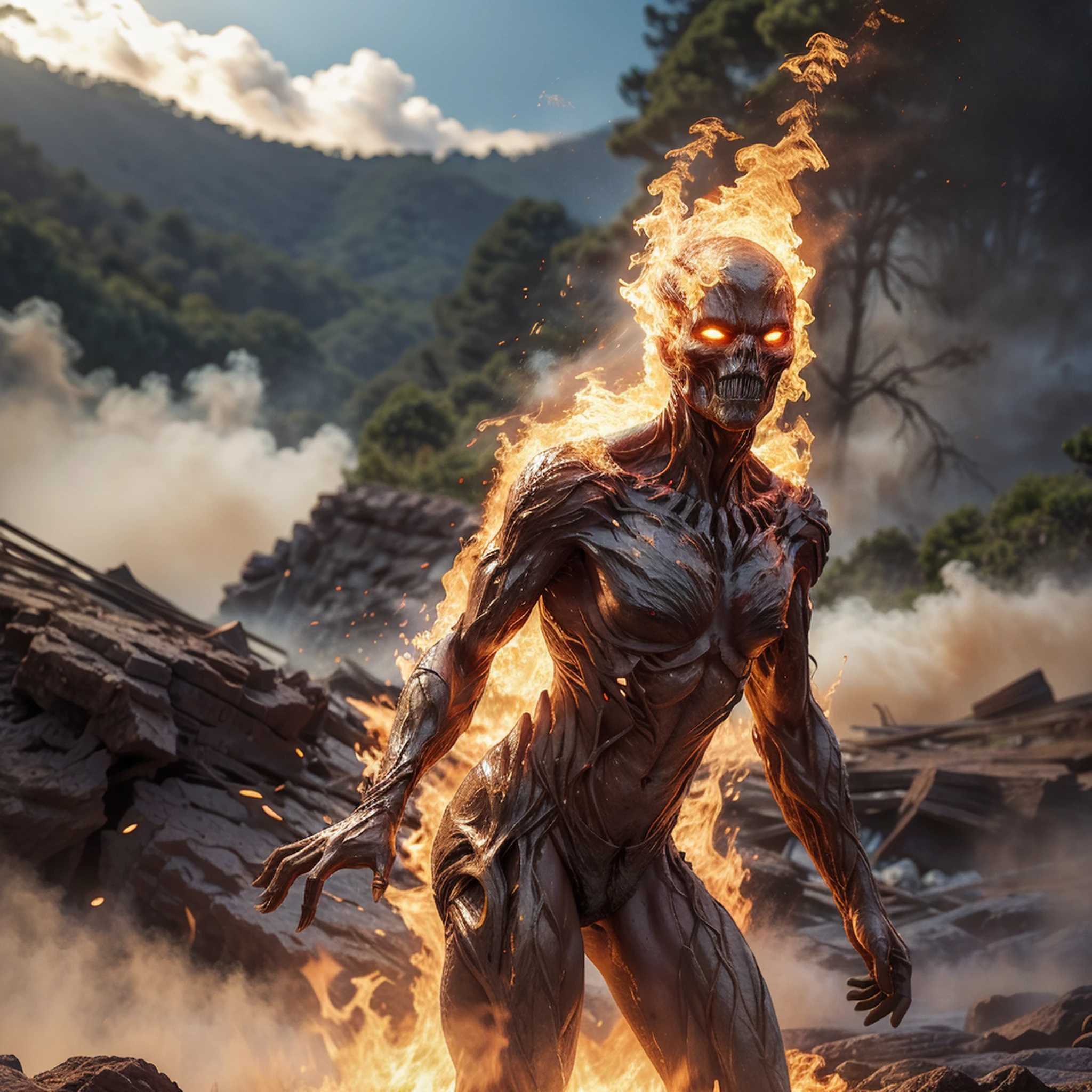 a burning suffering man completely consisting of fire, hovering above the ground. no facial features can be seen. fullbody highly detailed portrait, concept art, masterpiece, cinematic, flames, fantasy art, hyperdetailed, hyperrealism, art by hildebrandt, donato giancola, larry elmore, beksinski, arthur rackham