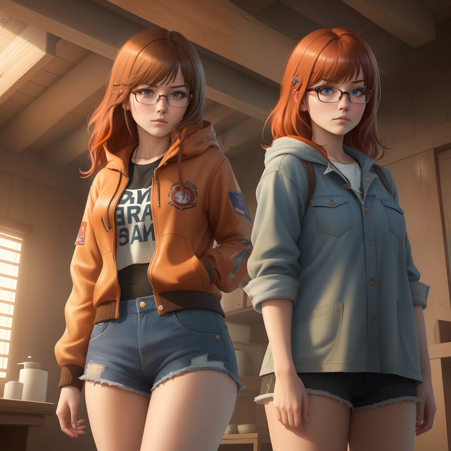 8k, masterpiece, best quality, realistic, higly detailed, cowboy shot, 1girl, solo, itsuki, serious looking girl, medium-length hair, expressive ahoge, reddish-orange hair, a pair of star-shaped hairpins near both of her eyes, dark blue eyes, average height, well-endowed figure, glasses, cute, life is strange