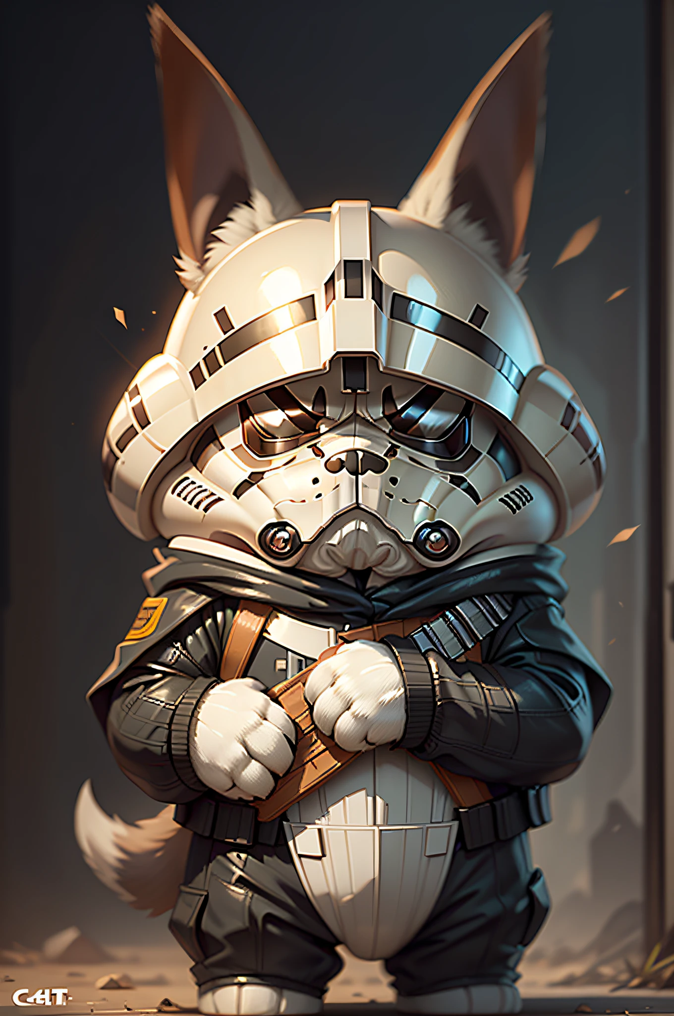 C4tt4stic,Cute Stormtrooper(Helmet held in hand)Cartoons、Dog breed Doberman(Detailed Doberman appearance)
