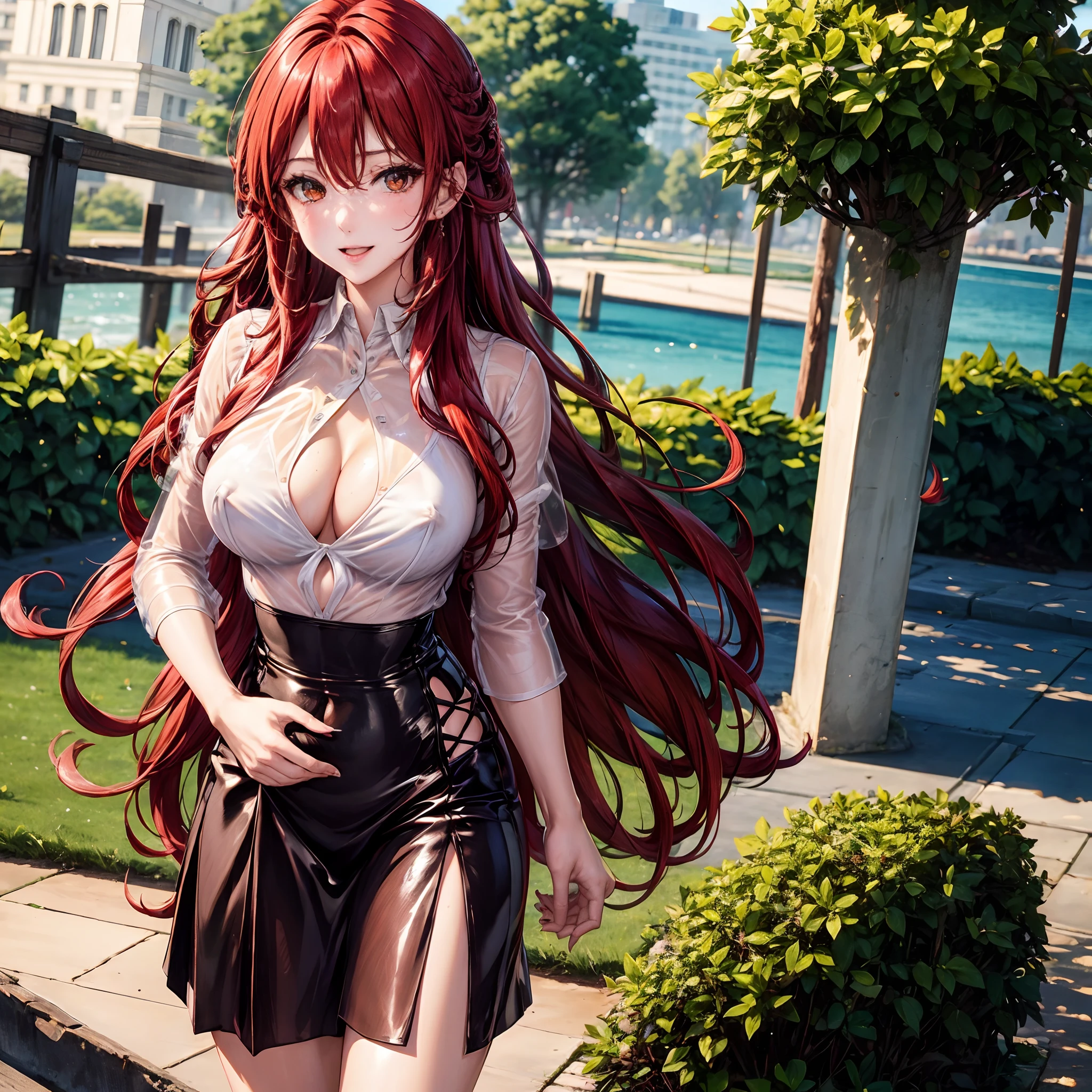 Masterpiece, best quality, highres, highly detailed, 1 girl, long hair, red hair, caramel eyes, large breast, white office sleevess shirt, black bra, The bra is see-through from the outside, black skirt, nipple perked out from under bra, she wet, outdoor, public park, looking at viewers