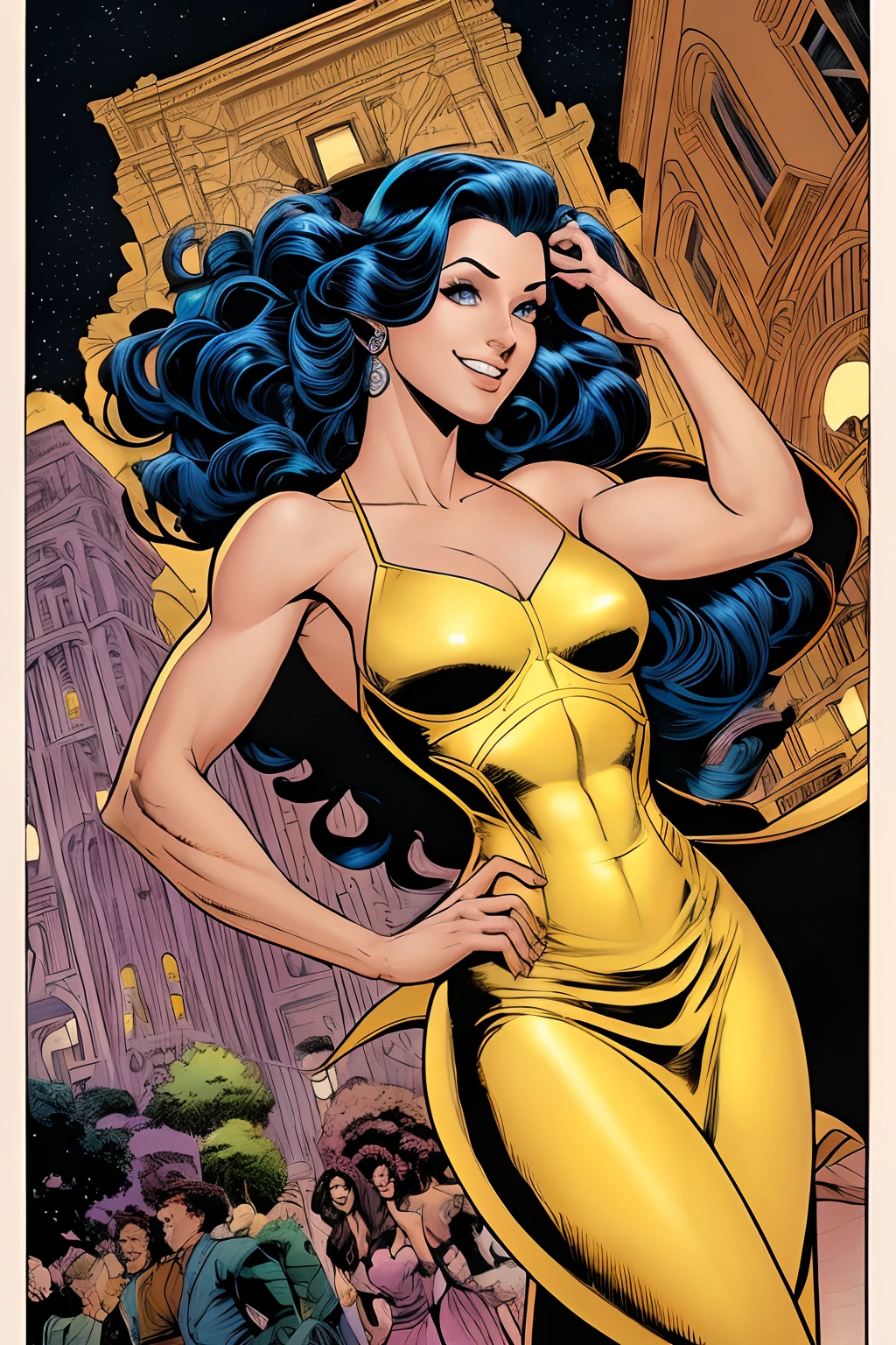 Arte inspirada Brian Bolland,Fotos RAW, Camera Gaze, ((Qualidade Superior, 8k, master part: 1.3)), foco nítido: 1.2, camisa branca, Nice features, Melhor Sorriso, sorriso bonito, mulher bonita no estilo perfeito: 1.4, Abs esguio: 1.2, Cabelos castanhos escuros, (luz natural, Rua da cidade: 1.1), Textura altamente detalhada do rosto e da pele, Olhos detalhados, double eyelids,art direction Brian Bolland