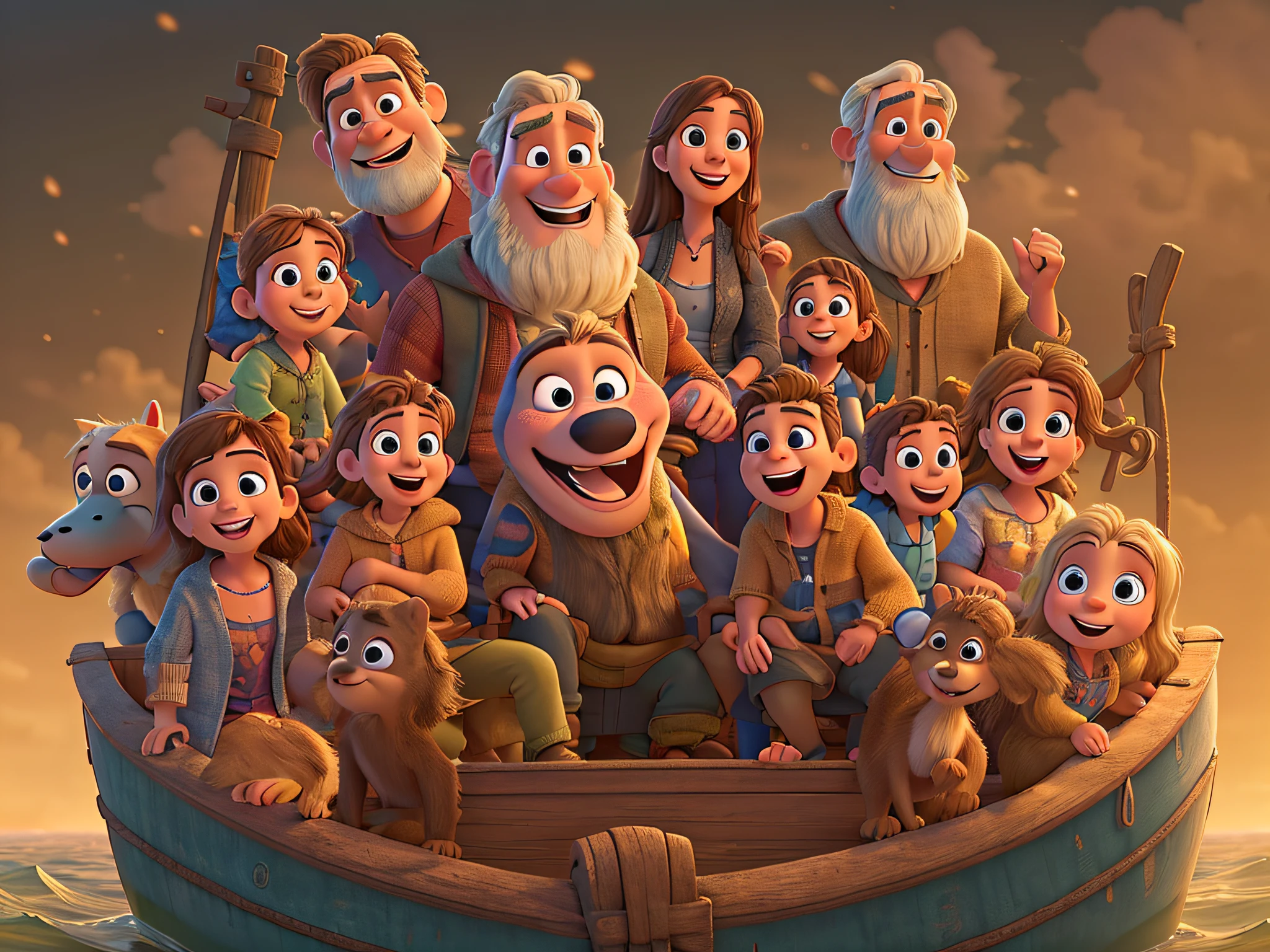 Old Noah, his wife, three sons and three daughters-in-law and some animals in a big boat smiling, Disney Pixar 8k style image
