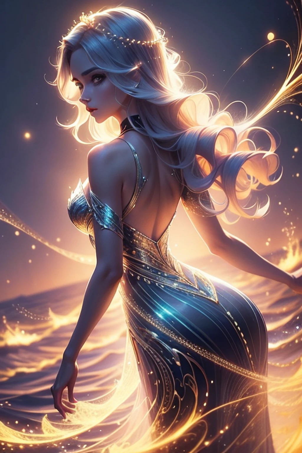 1girl,sozinho,vestir,cabelos longos,light particles,brilho,Backlighting,fundo preto,corpo inteiro,bareshoulders,cabelos azuis,cabelos muito longos,Standing,master part,best quality,ultra high-resolution,(Olhando para o Viewer:1.5),(Arte Fractal:1.2),Saia de gaze,