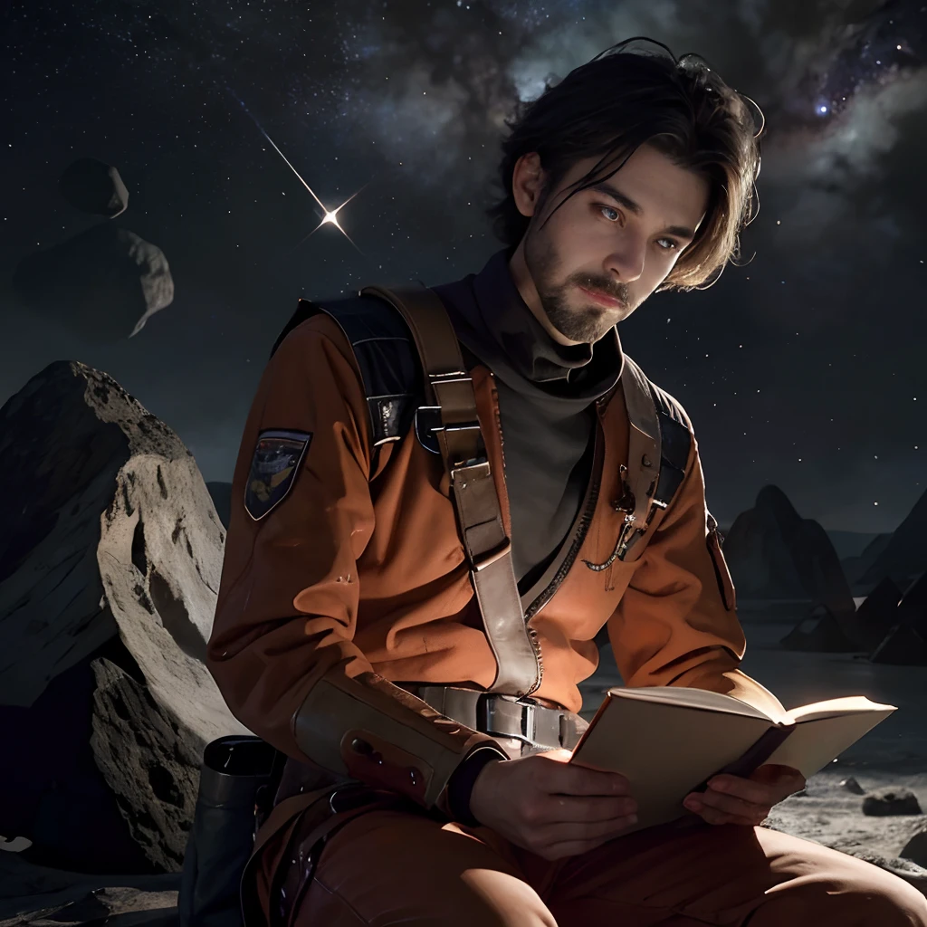 Drawing a young programmer, sitting on a research platform floating in the middle of an asteroid belt. He is studying with a notebook, surrounded by several asteroids glowing with fiery auras. Dramatic lighting from distant stars and planets illuminates the scene, casting deep shadows on the suit. The young man looks confident and determined, Looking at the vast and mysterious universe with wonder and respect,facial hairs, Cowboy Shot,NSFW