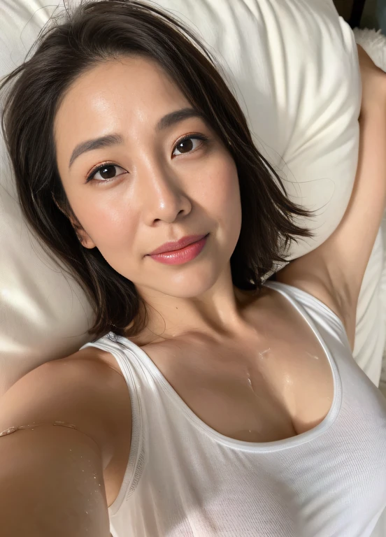 ((Top Quality, 8k, Masterpiece: 1.3, photorealistic)), 1 beautiful Milf, (close up:1.75, from front), Full body, 35 years old, ((lying down)), (Close eyes:0.7), (wearing wet T-shirt, ((Sweaty Body:0.4)), Armpit hair, Drooling,
