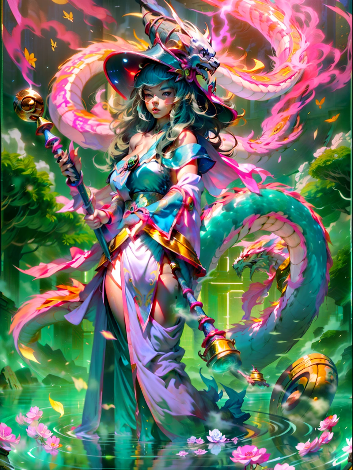 Ondas cian，Chinese mythological dragon,Follow role-based creation, For the promotion of the game,Luna horizontal de media cuerda, Luz azulada de la luna, Pale moonlight, pale white, water bloom，Asunto del rol, Golden Dragon, Cuerpo realista, Eastern mythology, textura de tinta, Zhao Yun, Artes marciales,Taoist robe, Una pintura de uno de los asesinos y enemigos, Al estilo de Las Mills,  Azul y gris oscuro , Hiroshi Yoshida, poster art, Starry Sky Nebula Scale Comparison, Obra maestra, La mejor calidad,, (Obra maestra:1.4, La mejor calidad:1.4), Ilustraciones, (solamente:1.2), (Texto original en), (Fondo de pantalla muy detallado), Photographic reality, (Ultra detallado:1.4), (Super complex detail), (Illustration in magazine cover style，Una chica dark magician girl en un quimono，Rasgos faciales exquisitos，), posing in front of a colorful and dynamic background. She seemed confident.，Wearing a Taoist robe, Incluye faldas plisadas y calcetines hasta la rodilla，Negro|cabello Rubio) Con elegantes accesorios para el cabello. Dark magician girl