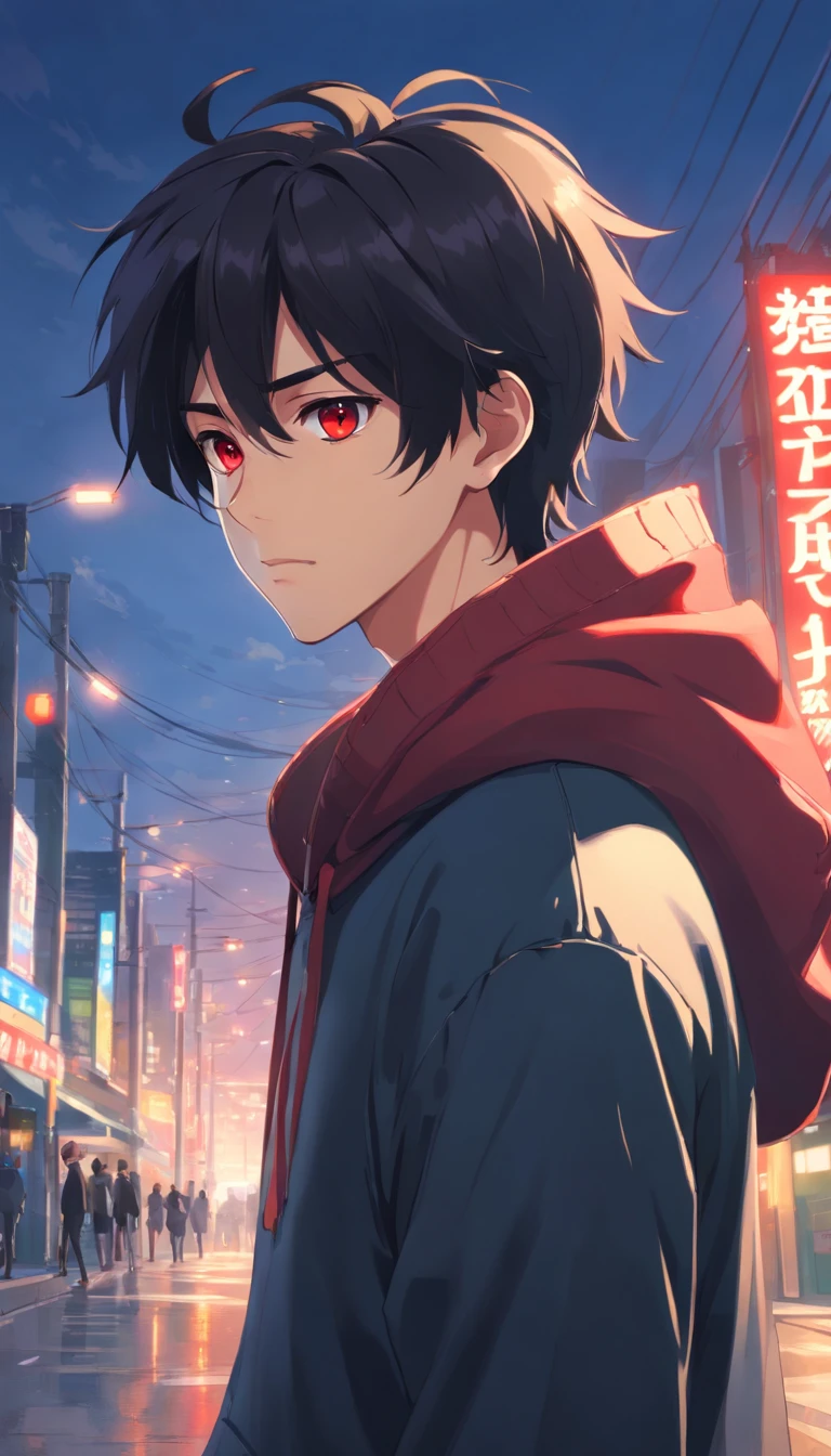 (masterpiece, best quality:1.2), cowboy shot,young man in his mid-20s, Red Eyes,black hair,long hair, Wearing a black hoodie,face forward