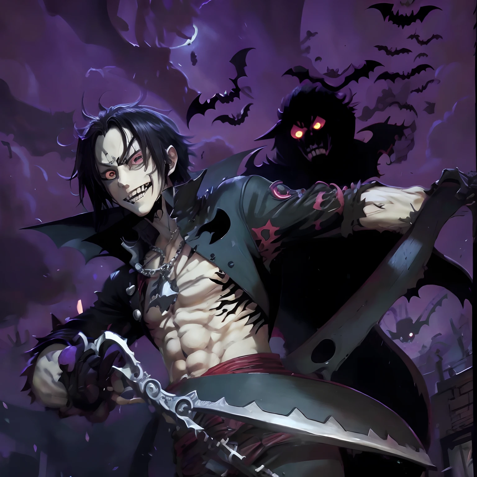 One piece manga, gecko moria, halloween theme, bats flying, vampire, dark theme, darkness vibe, terror, scissors, beautiful boy, gothic boy, vanitas, extreme long hair boy, vampire, pale skin, evil smile, kage kage no mi