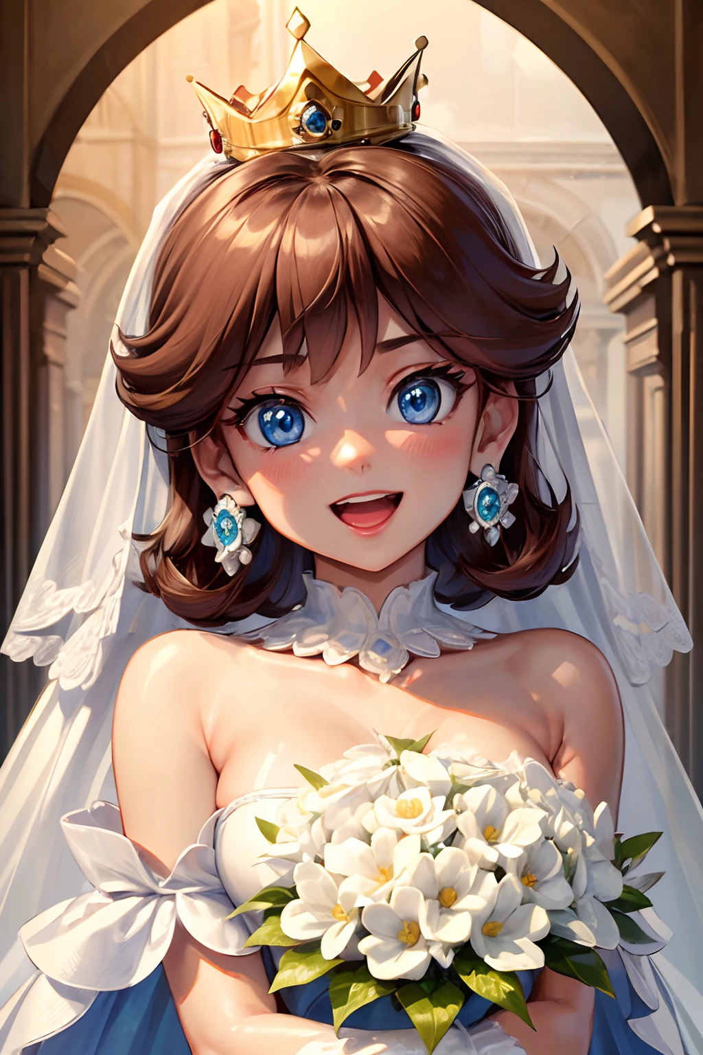 ((high detailed, best quality, 4k, masterpiece, hd:1.3)), dsy, blue eyes, wedding dress, white dress, wedding veil, getting married, smile, open mouth, energetic, joyful, smooth skin, gloves, earrings, crown, dark tan skin, upper body, close-up, holding flowers, outside