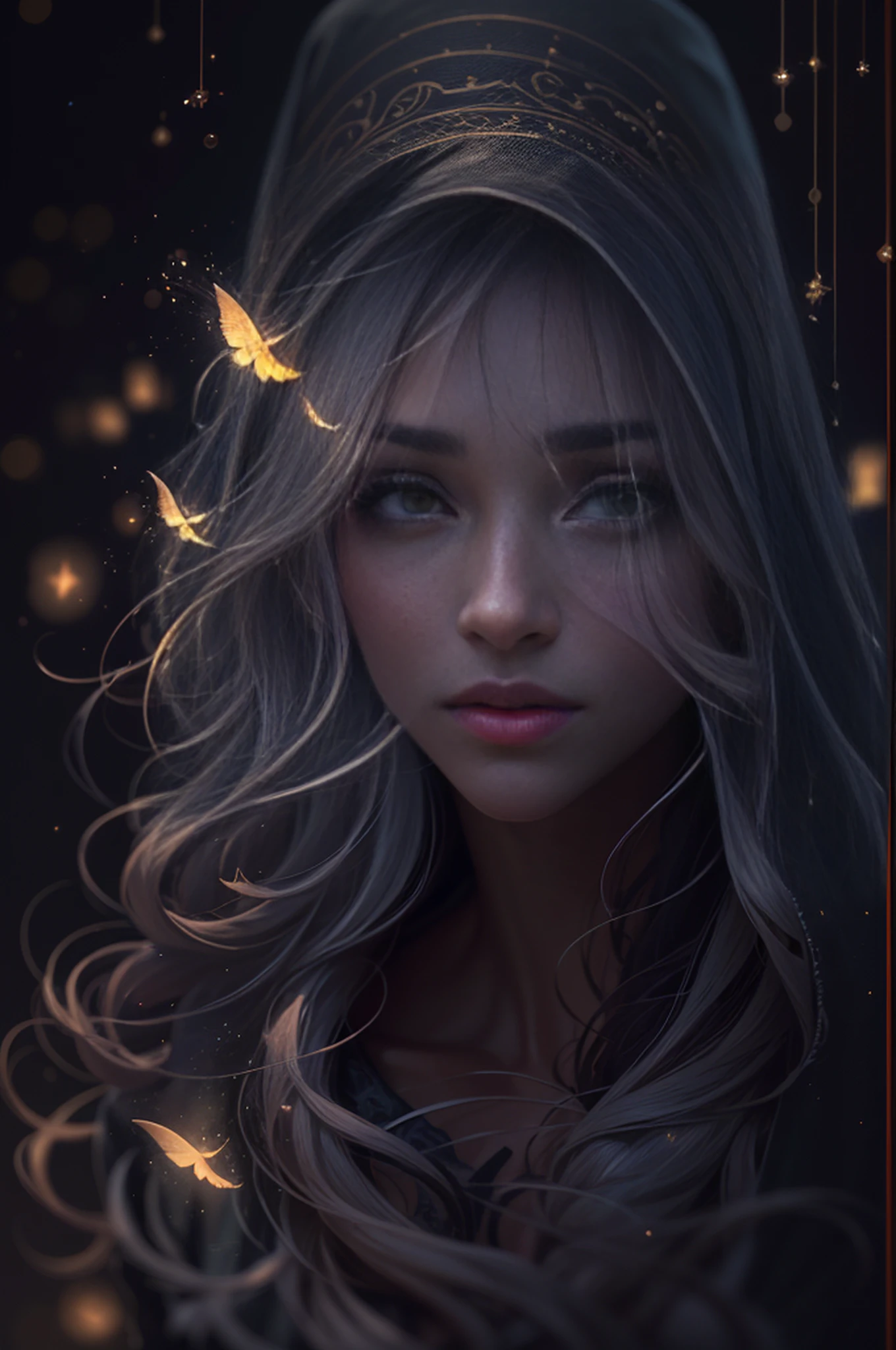 reflexos impressionantes, estilo outono,best reflections. (очень Dетализированные обои CG unity 8k), (melhor qualidade), (better illustrations), (Melhores Sombras), (Fundo sombrio da noite, sombre and hopeless, dark dramatic lighting, vinheta), olhos realistas, cara bonita, 1Uma menina com um corpo perfeito, with a white rabbit in his hands, com longo, Cabelos lisos, decote generoso, She wears a veil with a hood on her head, ((anatomia perfeita)), lo gothic, gradiente laranja queimado, cercado por folhas e galhos tenros, with fireflies and glowing particle effects, (elementos naturais), (Folhas), (Galhos), (Pirilampos), Borboletas, (Folhas tenras), (brilhar), (particle fx). , arte de fantasia, Bokeh, octane rendering, Ray Traced, superdetalização. terror, genial, assustador, Scarimok a sense of sophistication and tranquility. The overall aesthetic should be elegant and elegant, o que o torna adequado para branding e logotipo.