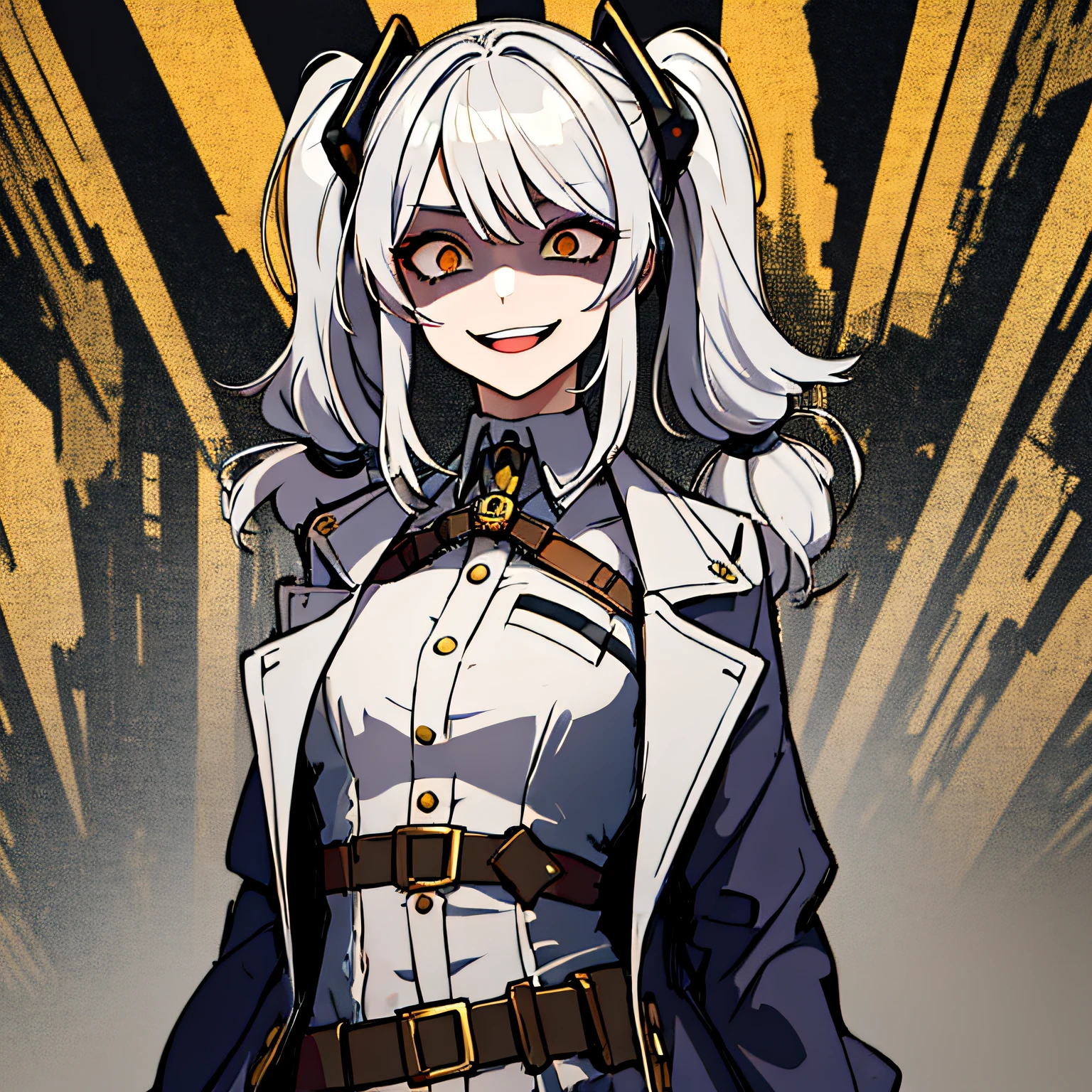 (absurdres, 8k, 4k, masterpiece, hyper extreme detailed:1.2), solo, 1girl, front view, perfect face, 1girl, portrait, expressive eyes, solo, standing, Female, girl with goggles and a chain around her neck, cyber goggles, victorian goggles, round goggles, goggles, cyberpunk monocle!, goggle eyes, steampunk googles, steampunk goggles, wearing victorian brass goggles, weak, female, small breasts, pale, cream colored hair, long hair, gold eyes, swept bangs, slim, slender, intelligent, genius, mad scientist, twin tails, Inventor, confident, perfect anatomy, futuristic, fingerless gloves, chest harness, pervert, half body, lab coat, belts, crazy face, crazy eyes, crazy smile, 1girl, futuristic, labcoat, white hair, mature, adult, attractive, skirt, hologram, monocle, wide smile, jovial, poofy twin tails, big hair, tesla coil, evil. criminal, shaded face, shadow over eyes, insane, scary, menacing, malicious, shadows, nighttime, experiment,