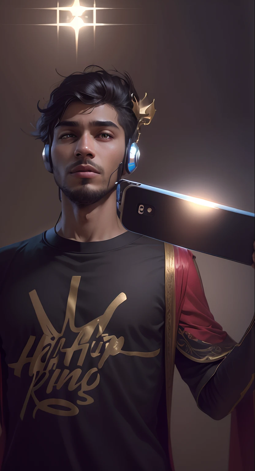 Crie um rei, with an ostentatious crown on his head, segurando um smartphone moderno com uma tela brilhante, using state-of-the-art headphones."