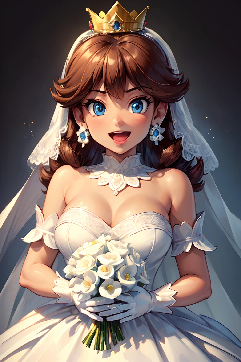 ((high detailed, best quality, 4k, masterpiece, hd:1.3)), dsy, blue eyes, wedding dress, white dress, wedding veil, getting married, smile, open mouth, energetic, joyful, smooth skin, gloves, earrings, crown, dark tan skin, upper body, close-up, holding flowers