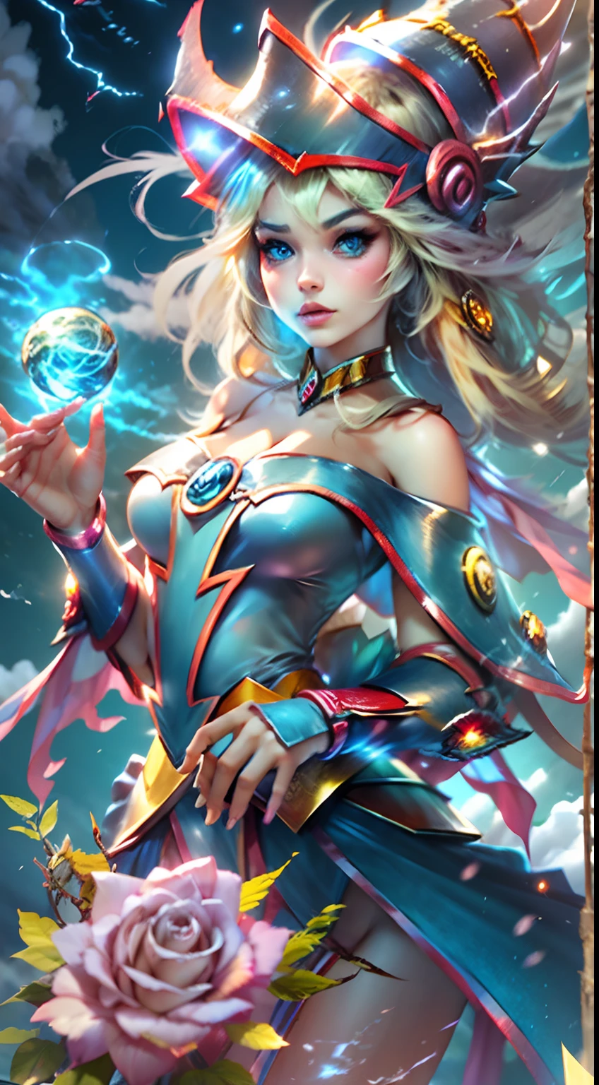 The White Dragon blue eyes rose into the air（Dark Mage manipulates the dragon：1.3），（The dark wizard girl has her back to the camera：1.3），Las nubes del cielo rodean los alrededores，magia de luz，fantastic background，Significado de fondo，Ridiculous background，There are artistic overlays，cabello rubio, surrealismo, cinematic lighting, Trazado de rayos, Luz de Dios, Speed Line, view angle, hiper HD, obra maestra, La mejor calidad, Super detail, A high resolution, alta calidad，（vista lejana：1.3）dark magician girl