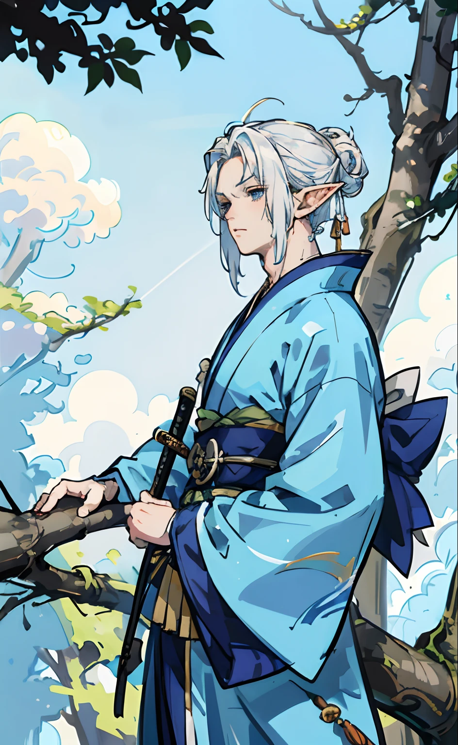Beautiful, fantasy, sky blue radiant, samurai, man, strong, rugged, white hair, half elf, kimono, leaning on tree